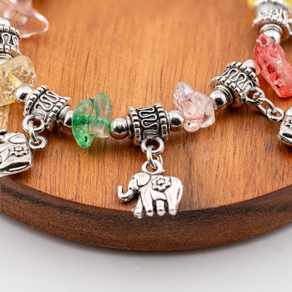 Multi-Color Stone Elephant Charm Bracelet | Handmade Thai Temple Blessed Jewelry
