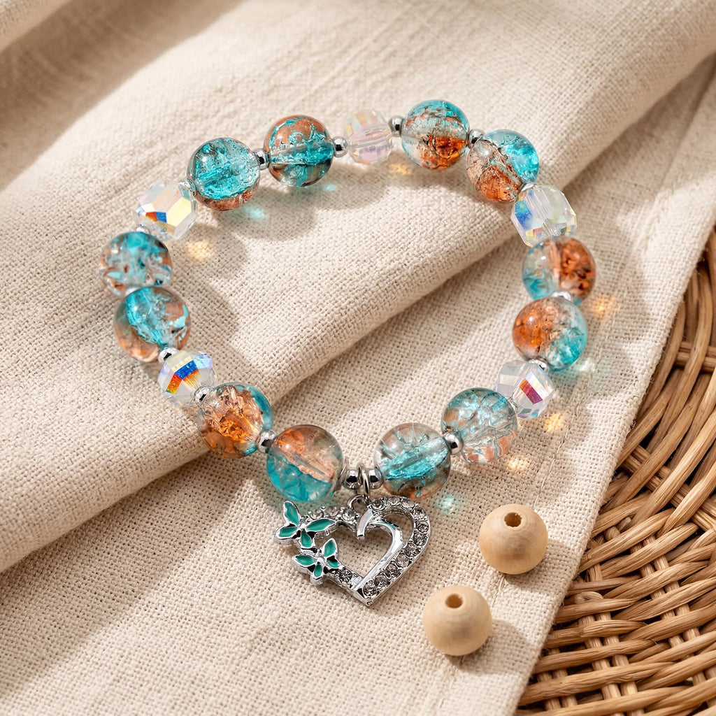 Aqua Glass Heart Bracelet | Handmade Thai Jewelry | Blessed Spiritual Elastic Bracelet | Boho Beaded Charm Bracelet | Gift Ready
