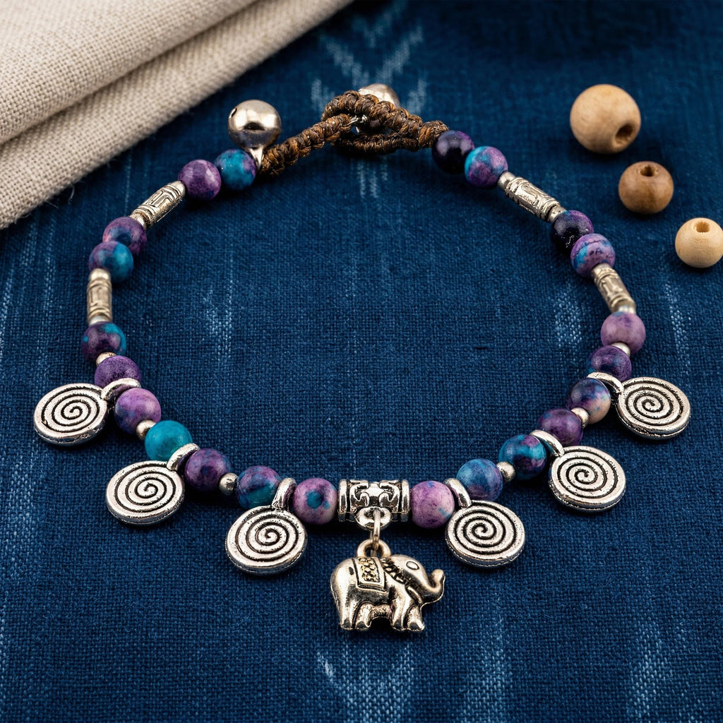Handmade Thai Boho Bracelet – Purple Teal Stone, Silver Elephant Charm, Adjustable