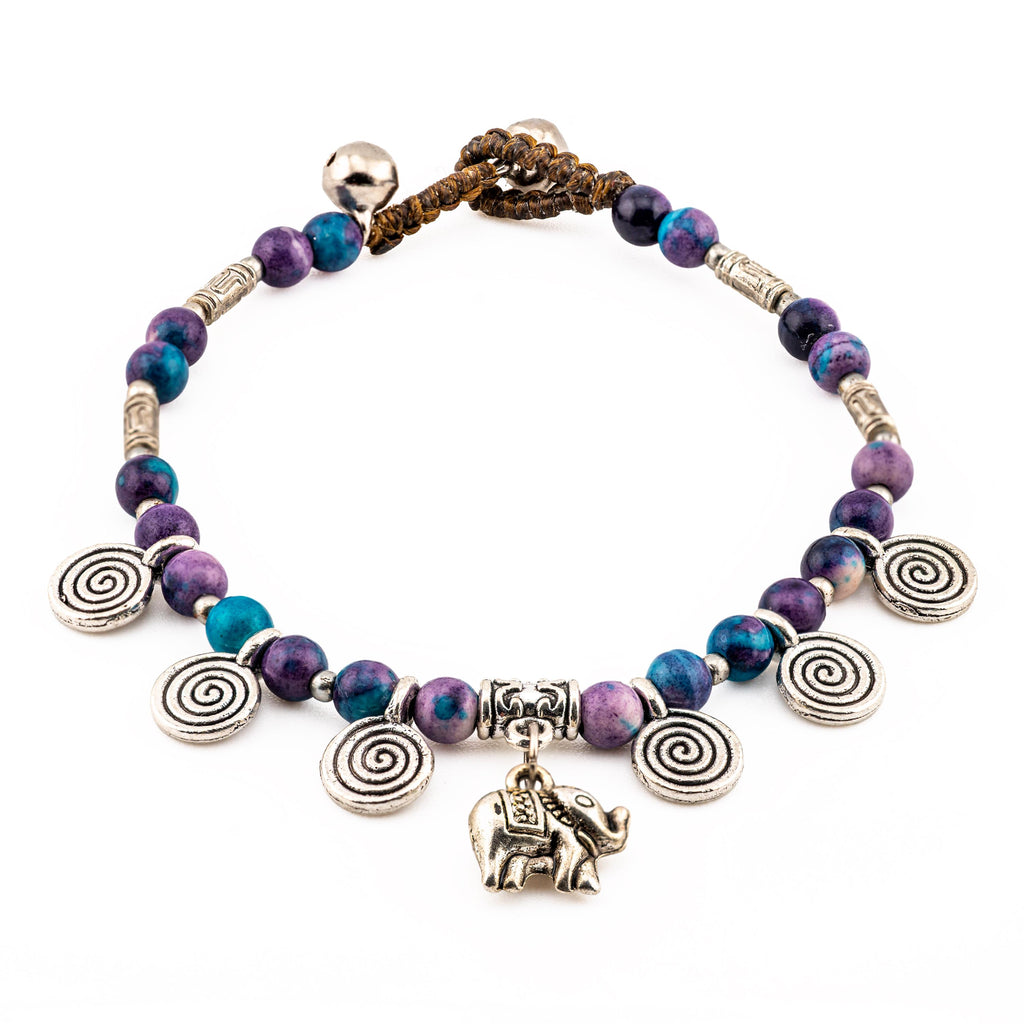 Handmade Thai Boho Bracelet – Purple Teal Stone, Silver Elephant Charm, Adjustable