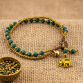 Handmade Thai Emerald Glass Bead Bracelet with Elephant Charm – Boho Adjustable Stackable
