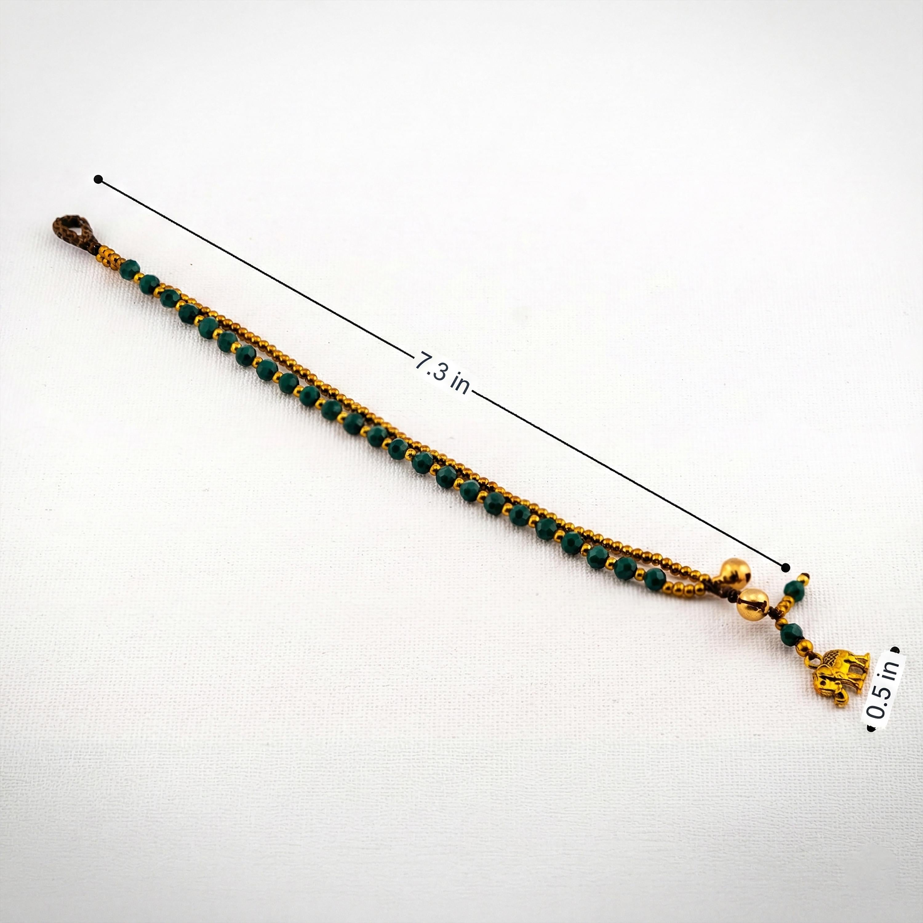 Handmade Thai Emerald Glass Bead Bracelet with Elephant Charm – Boho Adjustable Stackable