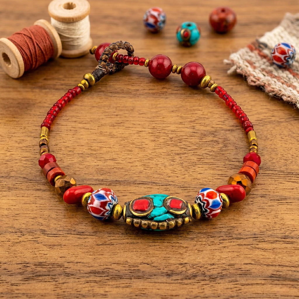Thai Beaded Bracelet for Women, Red and Turquoise-Tone Stone & Glass, Monk Blessed | Artisan Nomad