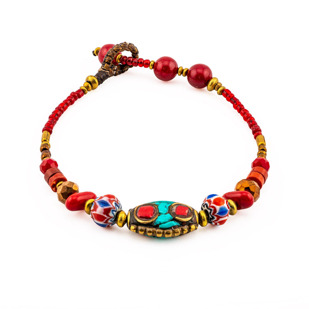 Thai Beaded Bracelet for Women, Red and Turquoise-Tone Stone & Glass, Monk Blessed | Artisan Nomad