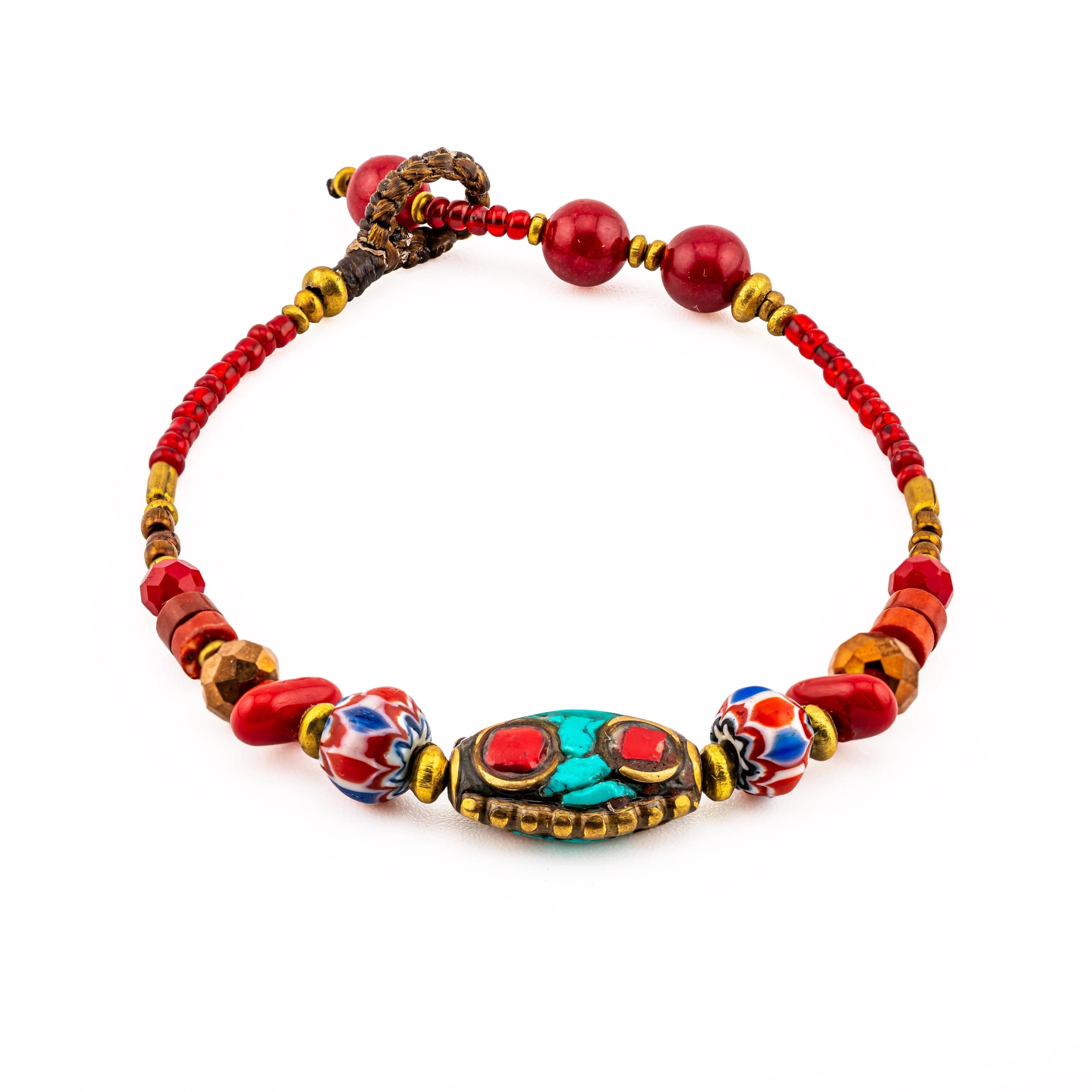 Thai Beaded Bracelet for Women, Red and Turquoise-Tone Stone & Glass, Monk Blessed | Artisan Nomad