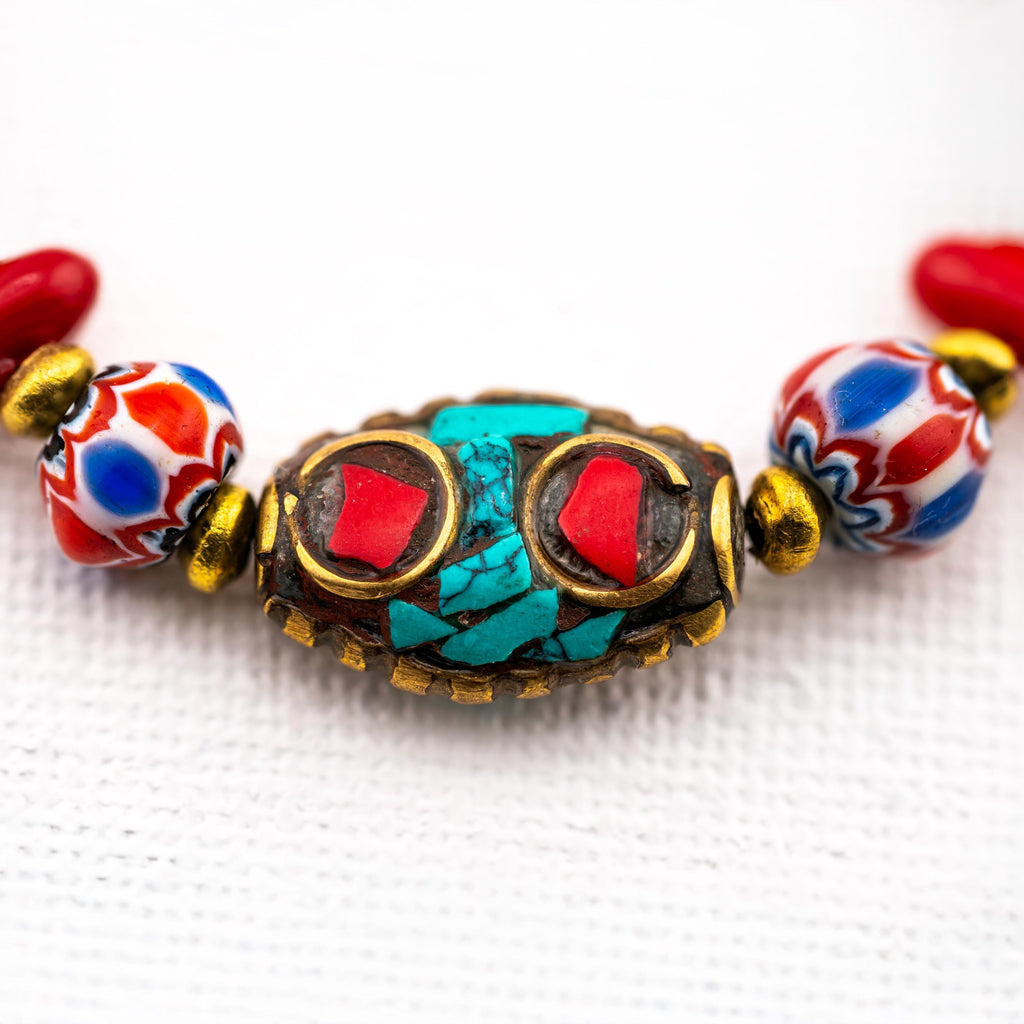 Thai Beaded Bracelet for Women, Red and Turquoise-Tone Stone & Glass, Monk Blessed | Artisan Nomad