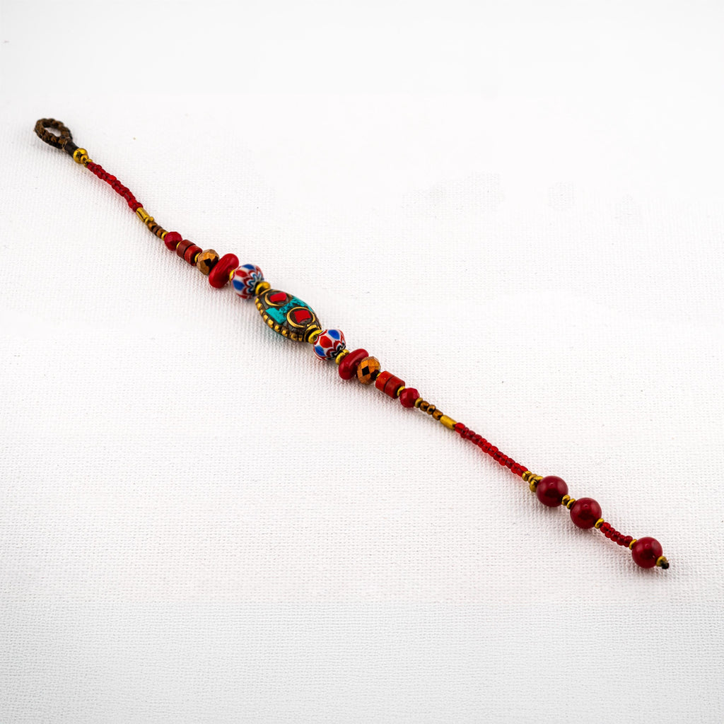 Thai Beaded Bracelet for Women, Red and Turquoise-Tone Stone & Glass, Monk Blessed | Artisan Nomad