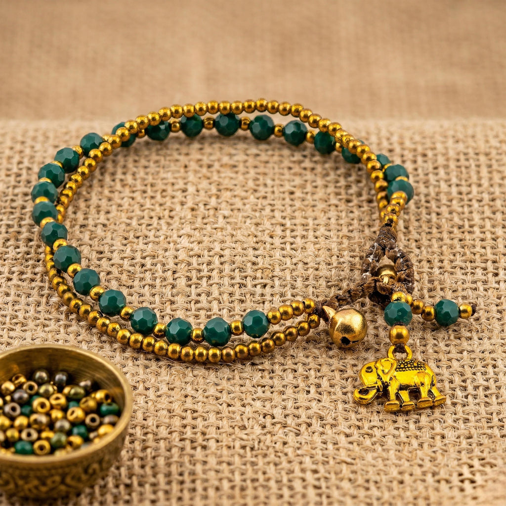 Emerald Green Elephant Bracelet for Women, Thai Glass Beads, Monk Blessed | Artisan Whisper