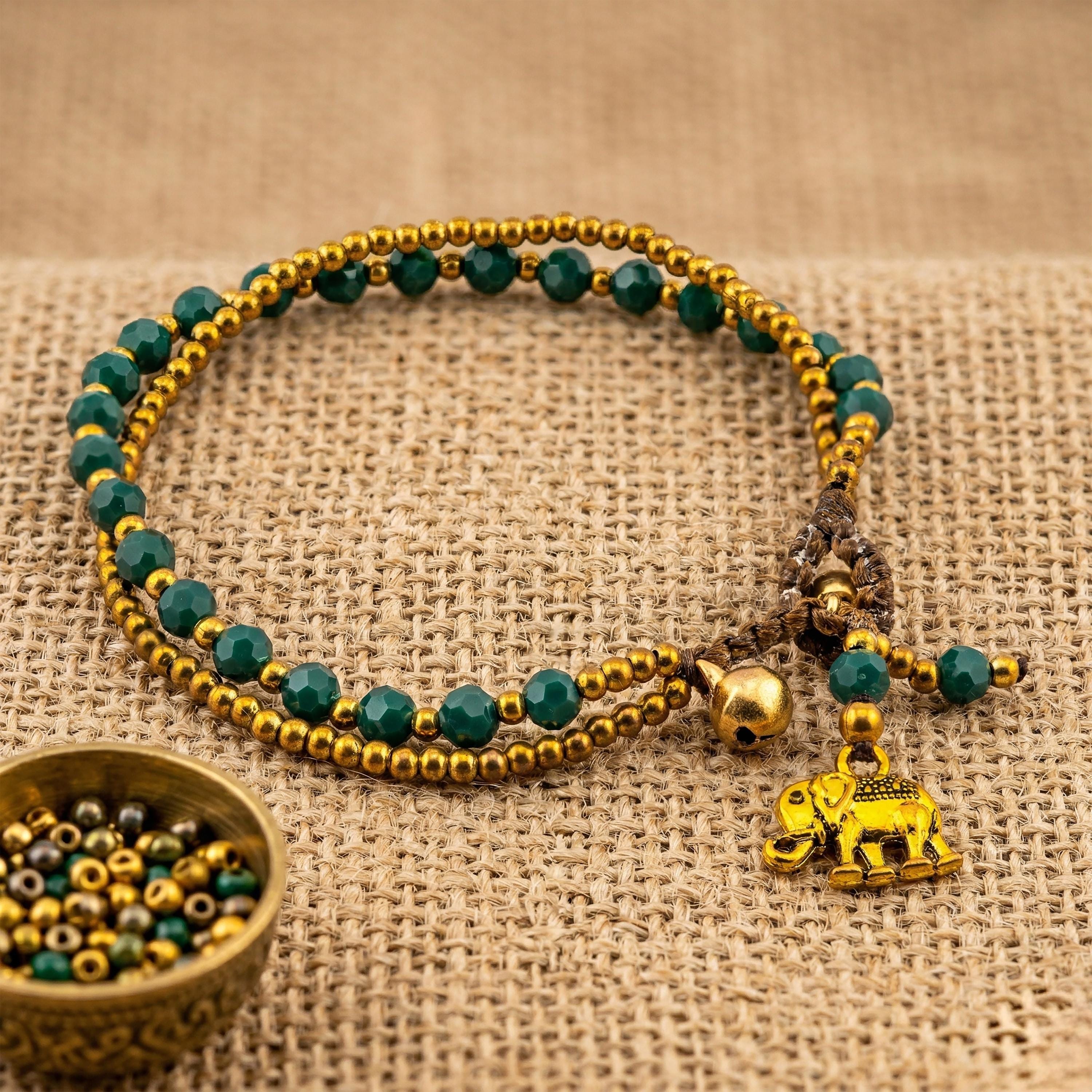 Emerald Green Elephant Bracelet for Women, Thai Glass Beads, Monk Blessed | Artisan Whisper