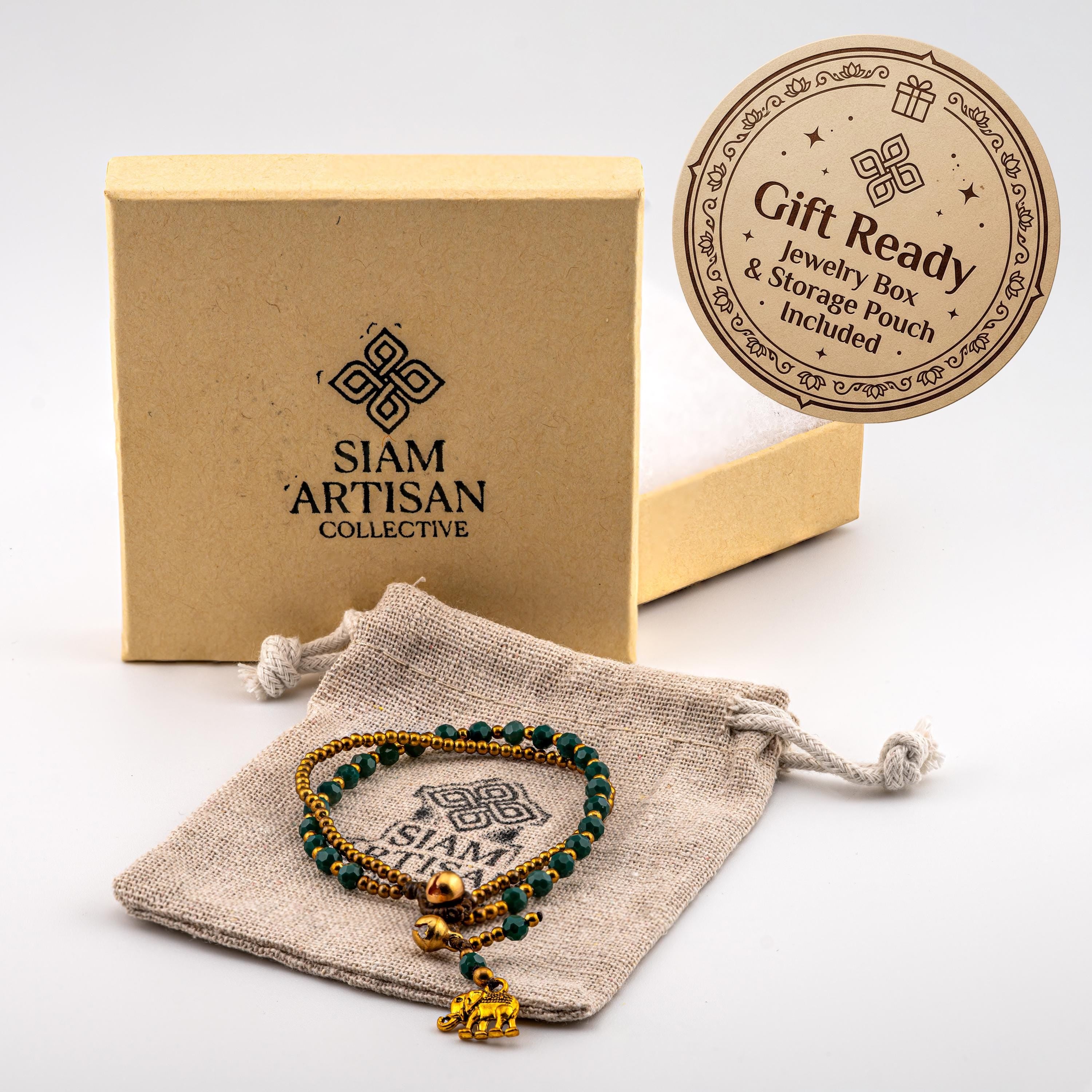 Emerald Green Elephant Bracelet for Women, Thai Glass Beads, Monk Blessed | Artisan Whisper