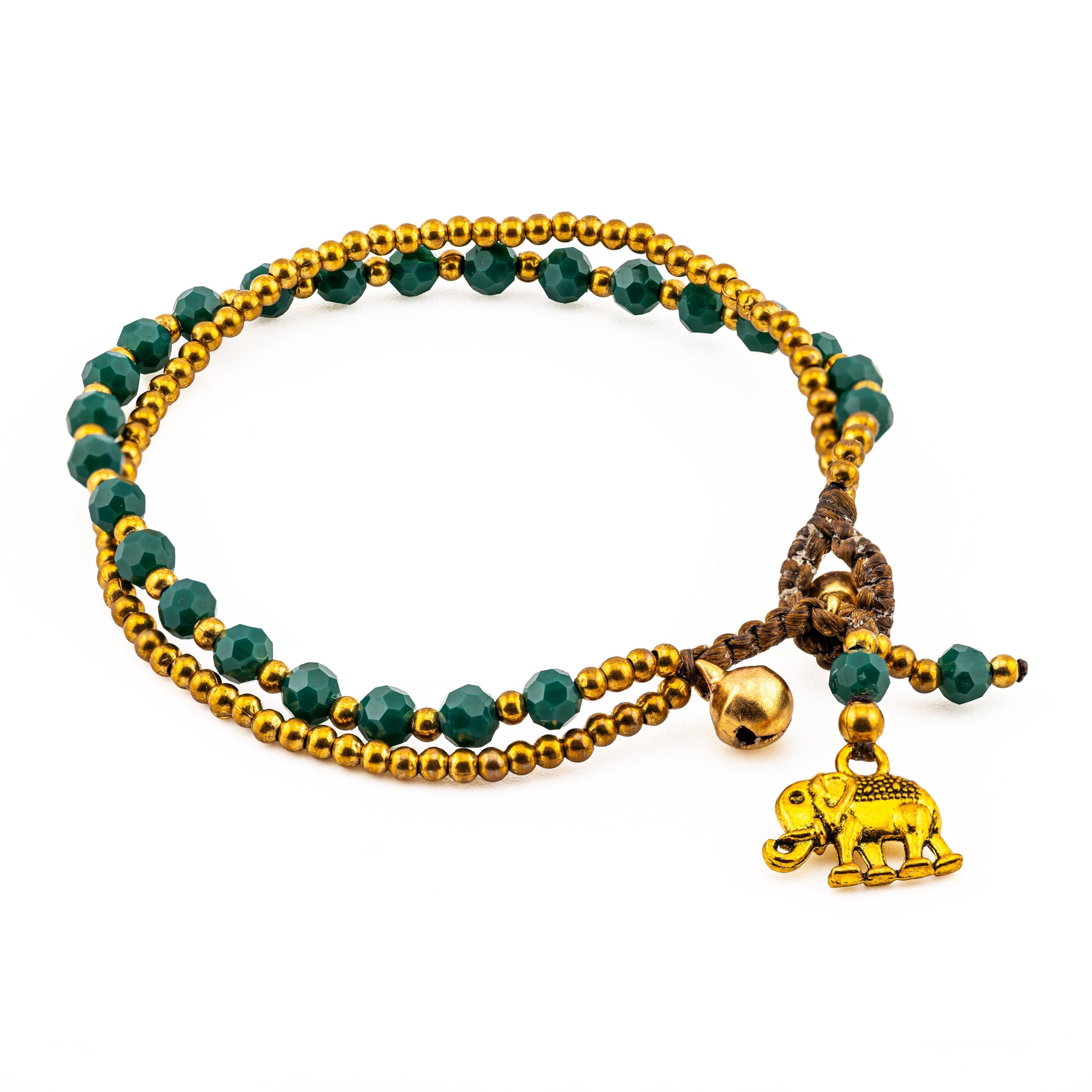 Emerald Green Elephant Bracelet for Women, Thai Glass Beads, Monk Blessed | Artisan Whisper