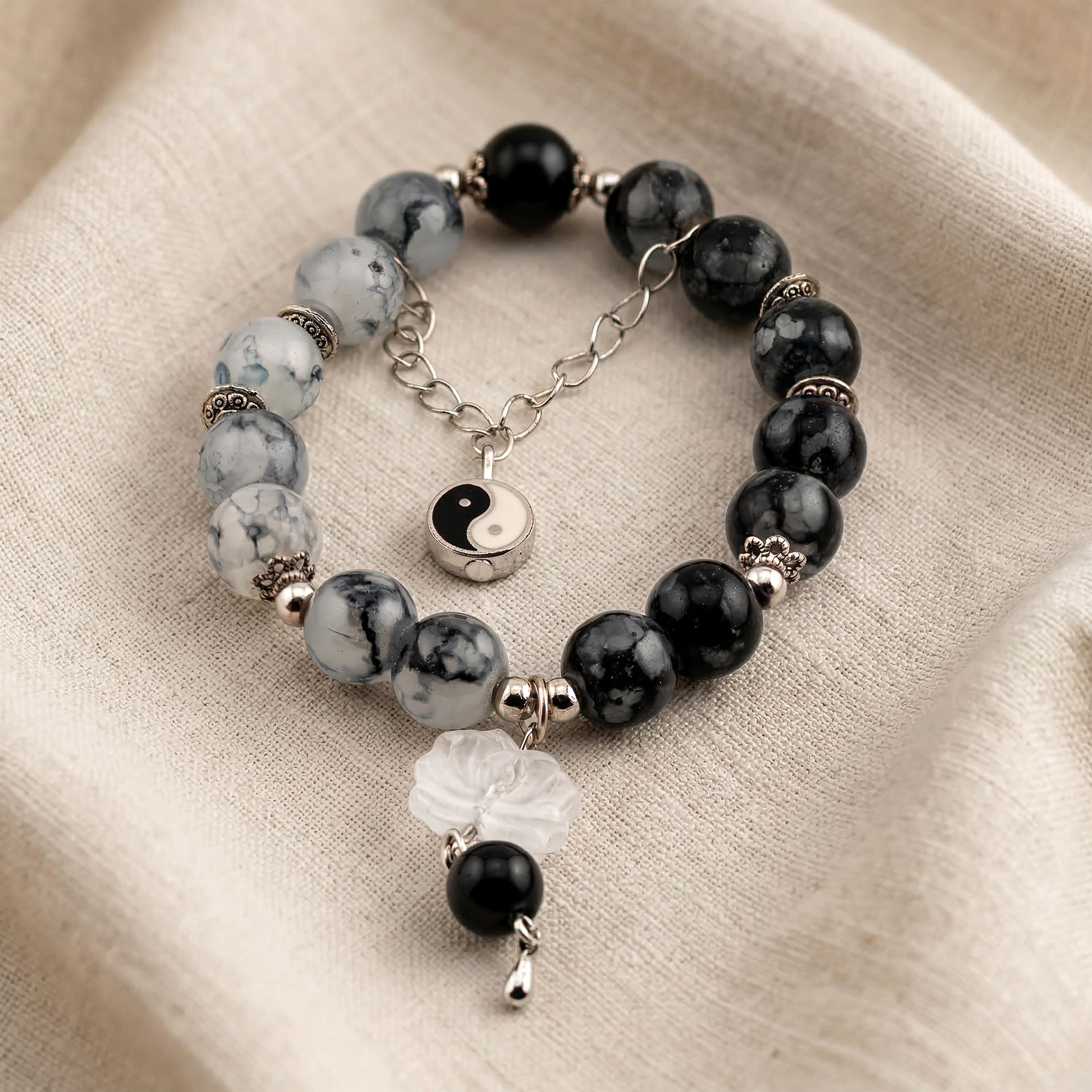 Black and White Yin Yang Bracelet for Women, Thai Stone Beads, Monk Blessed | Artisan Balance