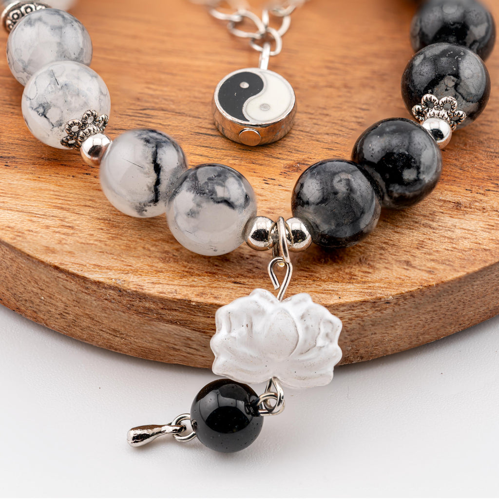 Black and White Yin Yang Bracelet for Women, Thai Stone Beads, Monk Blessed | Artisan Balance