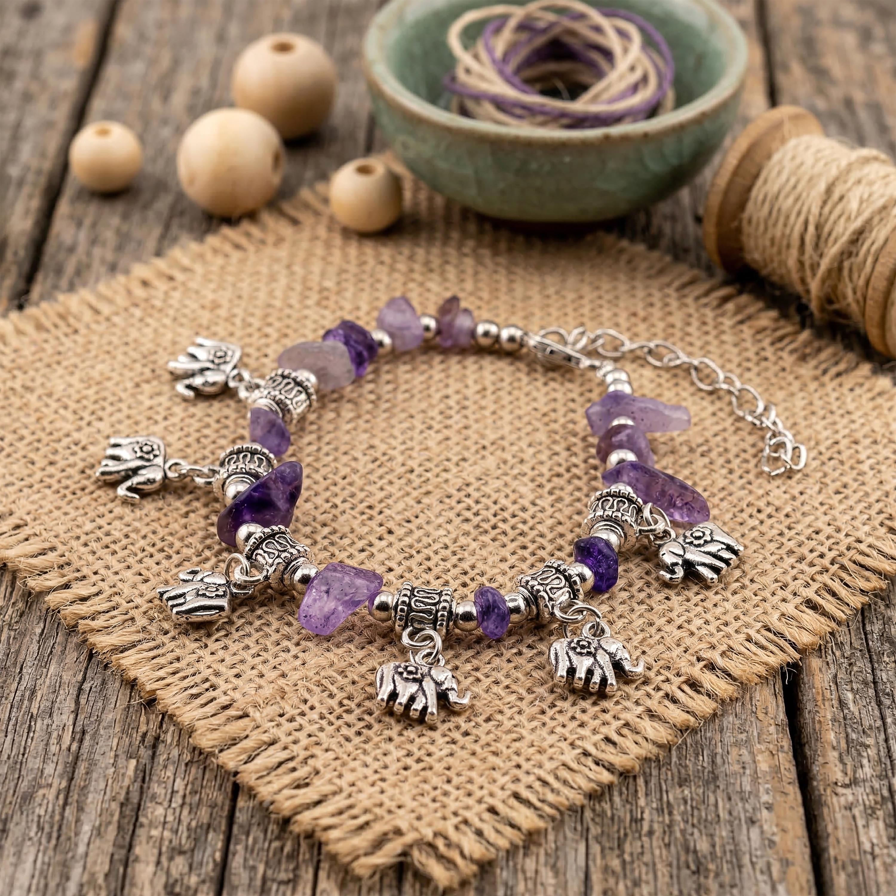 Purple Stone Elephant Charm Bracelet for Women, Thai Handmade, Monk Blessed | Artisan Mystic