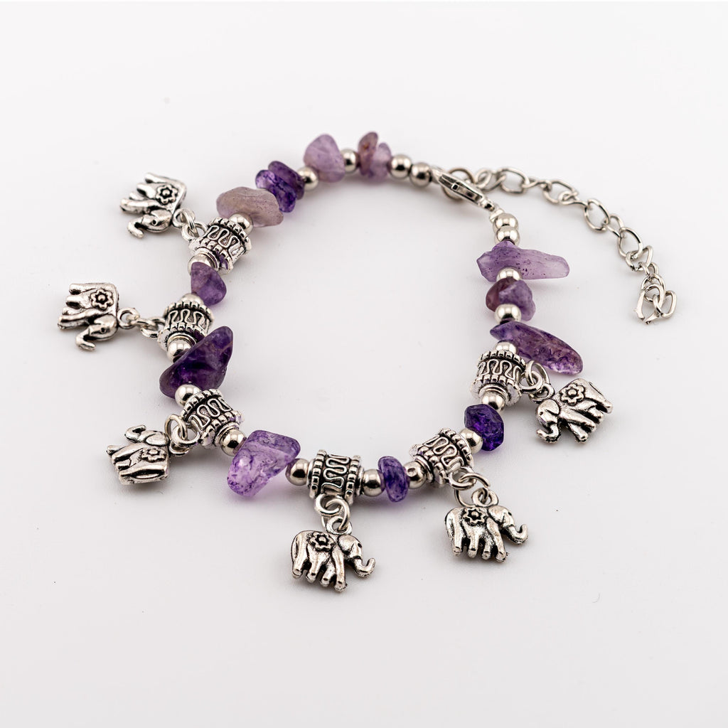 Purple Stone Elephant Charm Bracelet for Women, Thai Handmade, Monk Blessed | Artisan Mystic