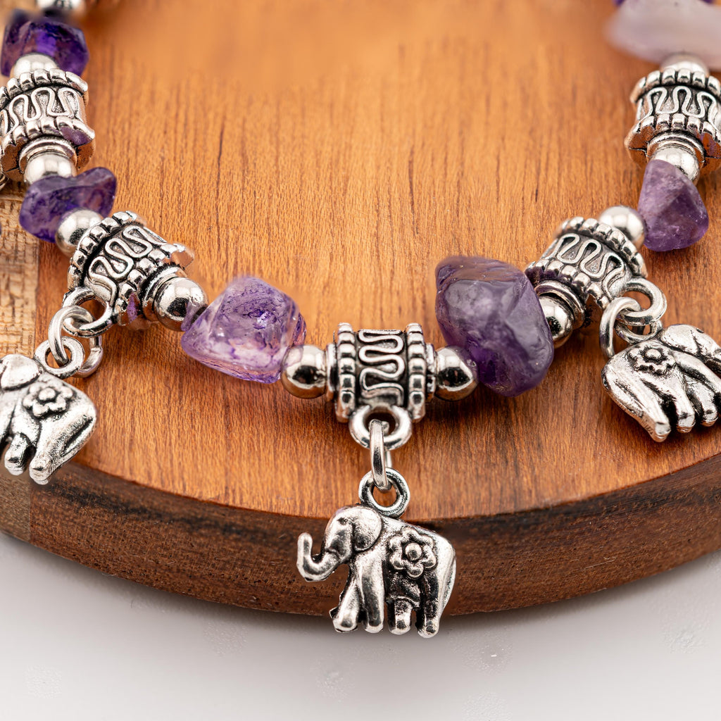 Purple Stone Elephant Charm Bracelet for Women, Thai Handmade, Monk Blessed | Artisan Mystic