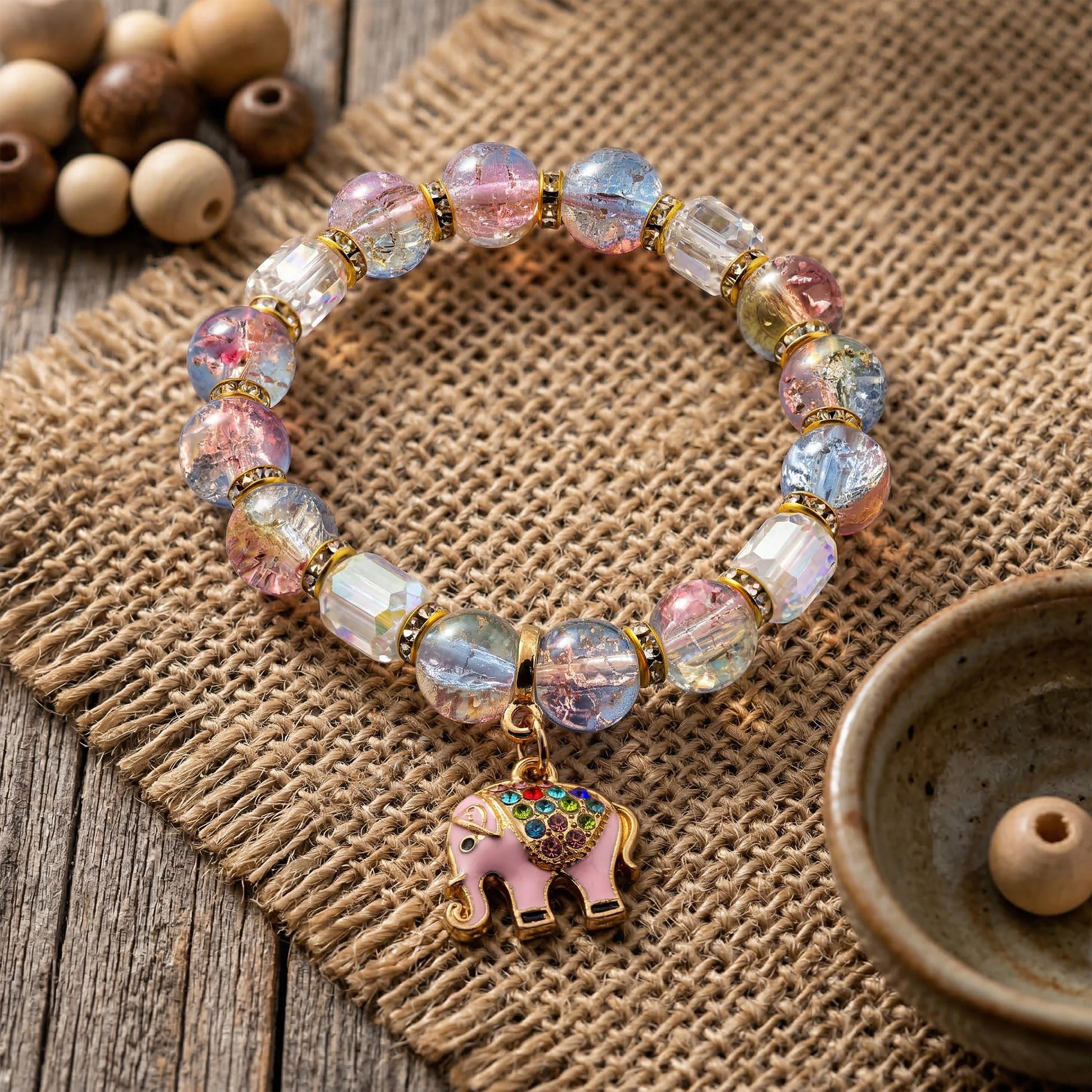 Pastel Elephant Bracelet for Women, Thai Glass Beads, Monk Blessed | Artisan Fortune