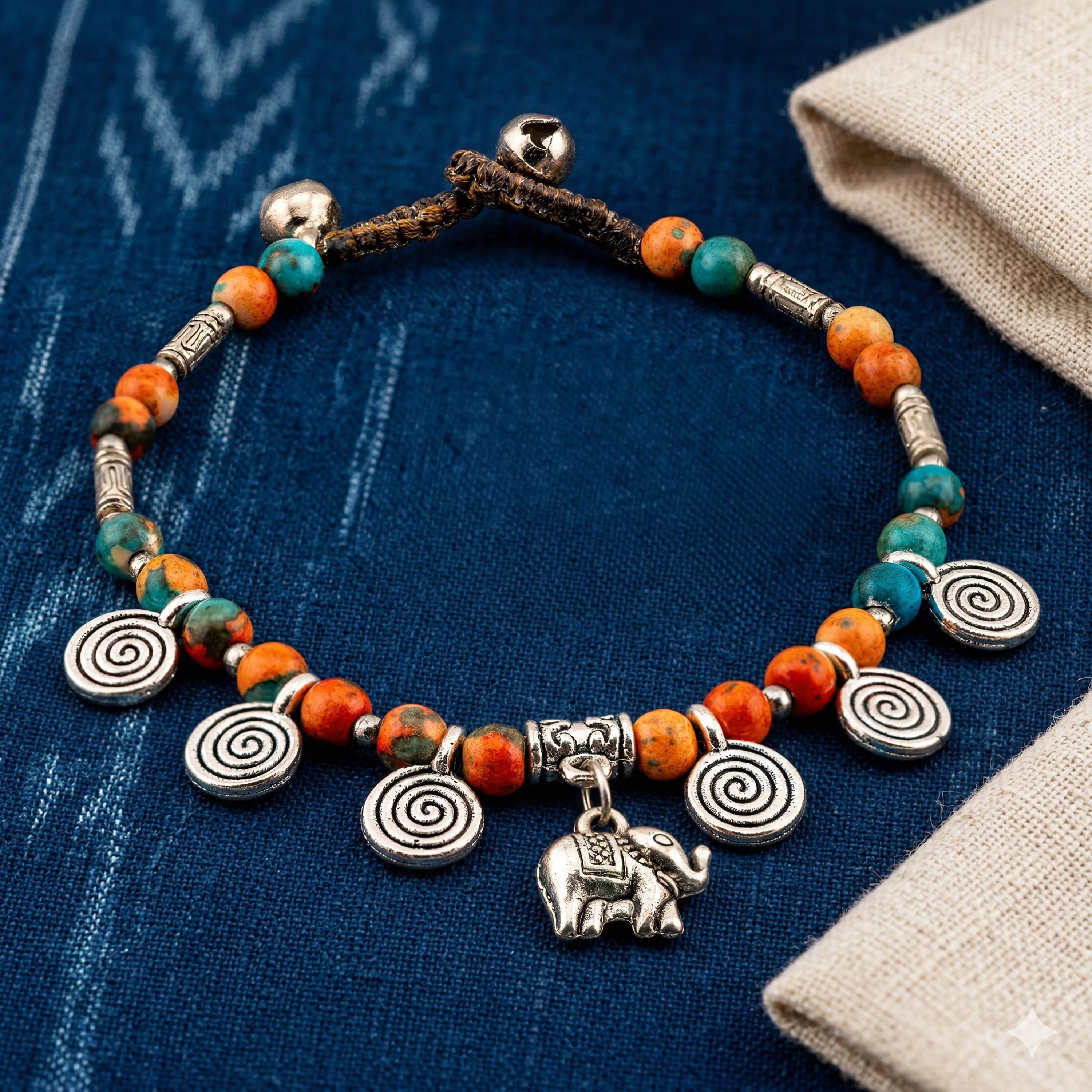 Orange Stone Elephant Bracelet for Women, Thai Handmade, Monk Blessed | Artisan Spirit
