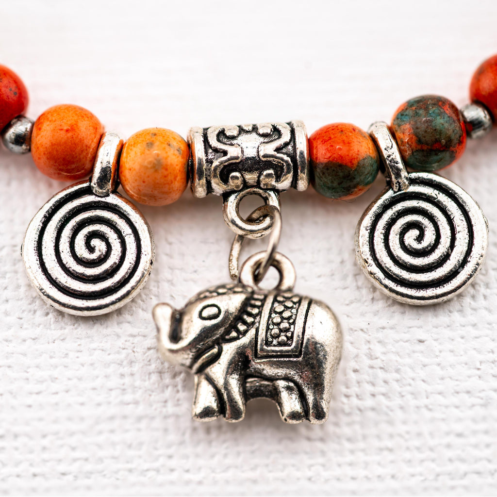 Orange Stone Elephant Bracelet for Women, Thai Handmade, Monk Blessed | Artisan Spirit