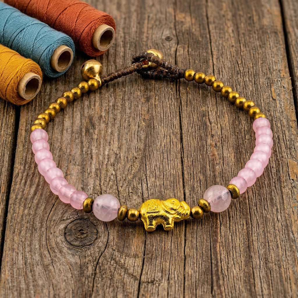 Pink Glass Elephant Bracelet for Women, Adjustable Thai Jewelry, Monk Blessed | Artisan Grace