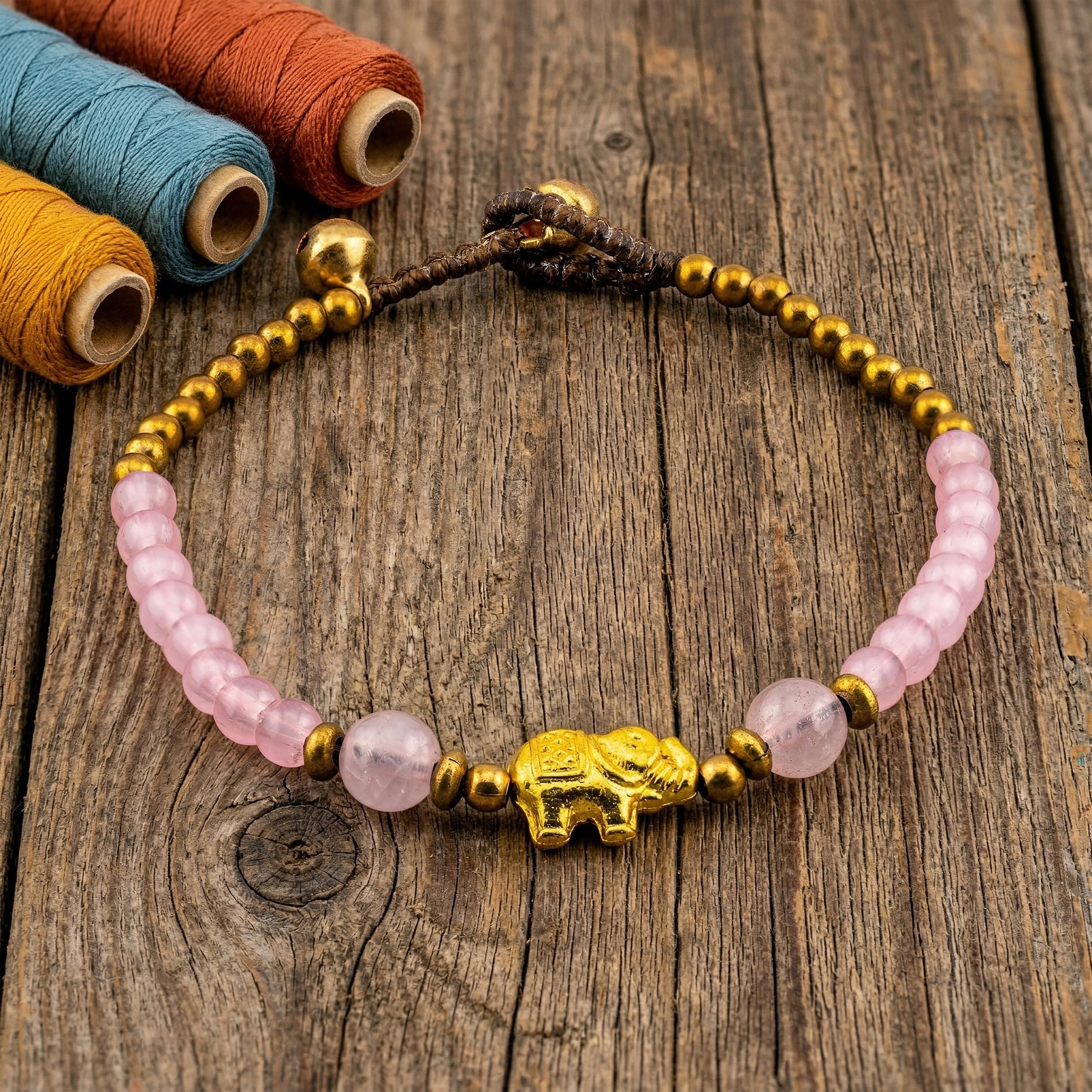 Pink Glass Elephant Bracelet for Women, Adjustable Thai Jewelry, Monk Blessed | Artisan Grace