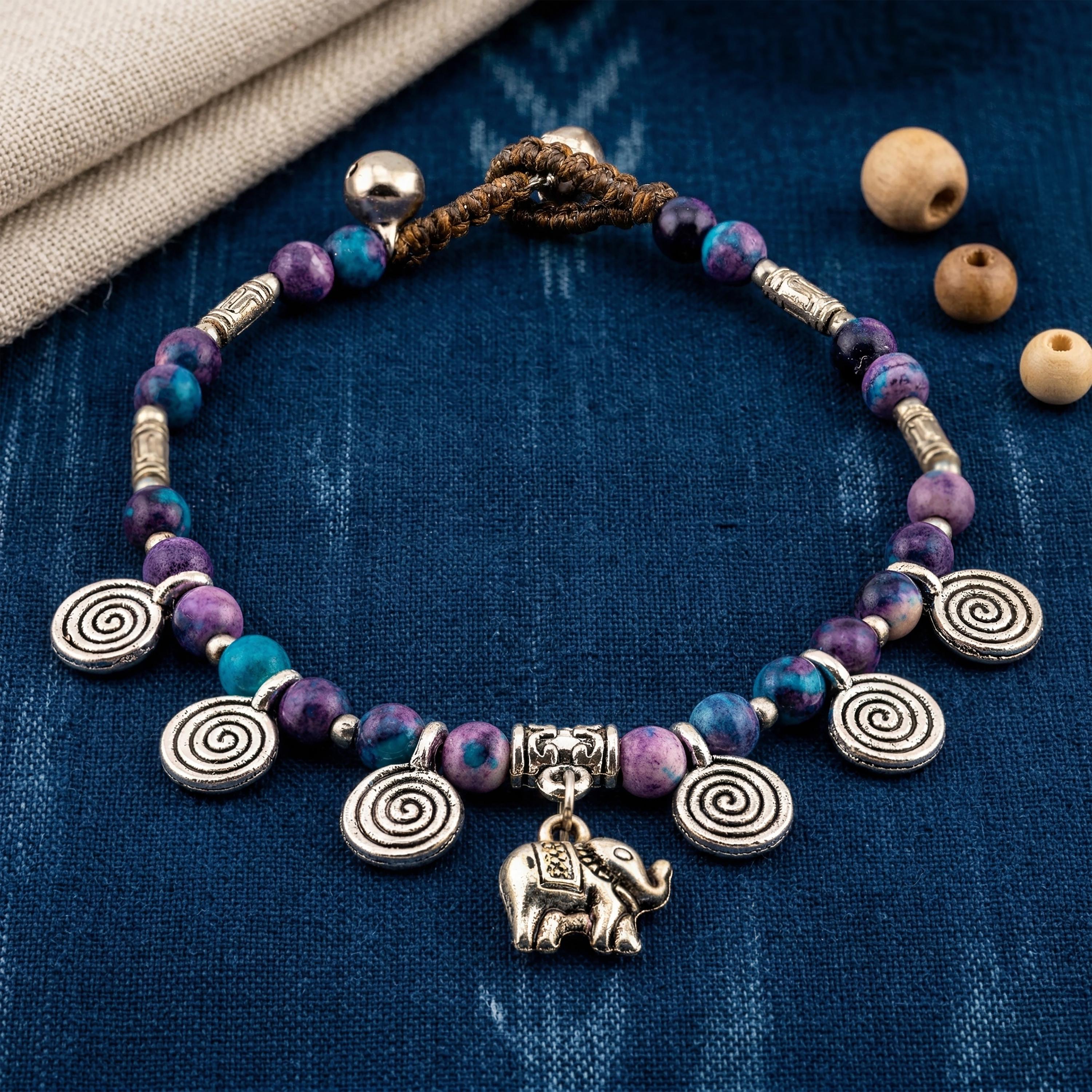 Purple Teal Stone Elephant Bracelet for Women, Thai Handmade, Monk Blessed | Artisan Spirit