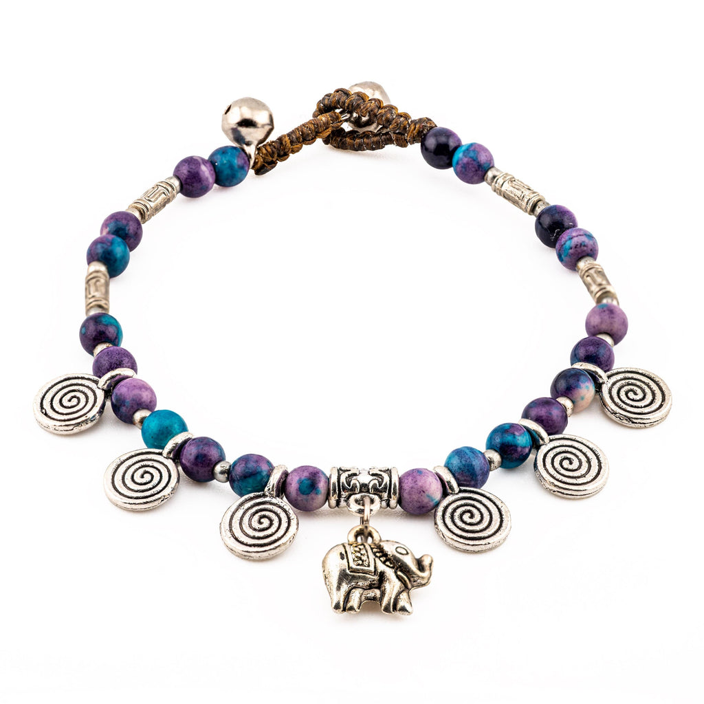 Purple Teal Stone Elephant Bracelet for Women, Thai Handmade, Monk Blessed | Artisan Spirit