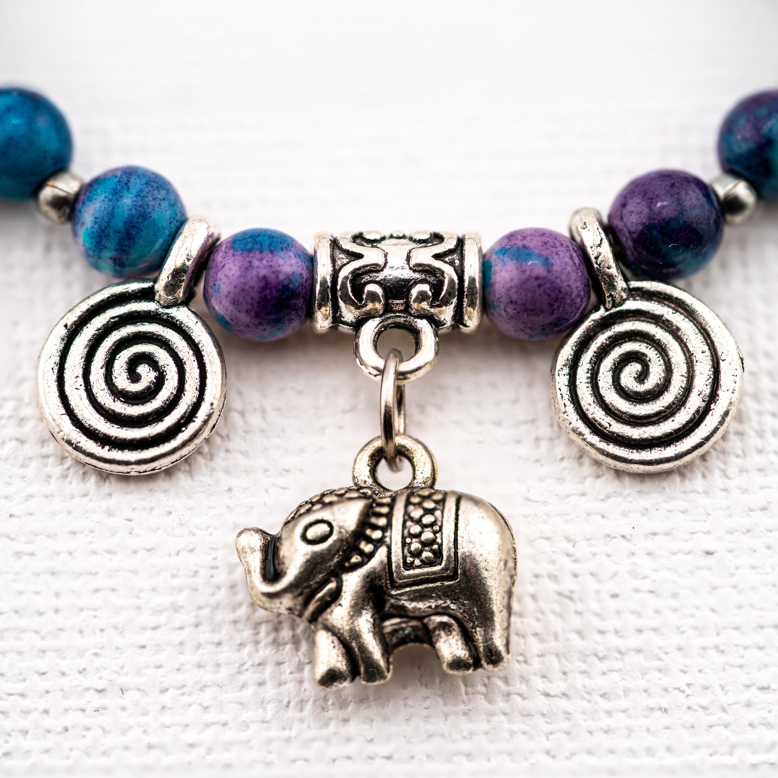 Purple Teal Stone Elephant Bracelet for Women, Thai Handmade, Monk Blessed | Artisan Spirit