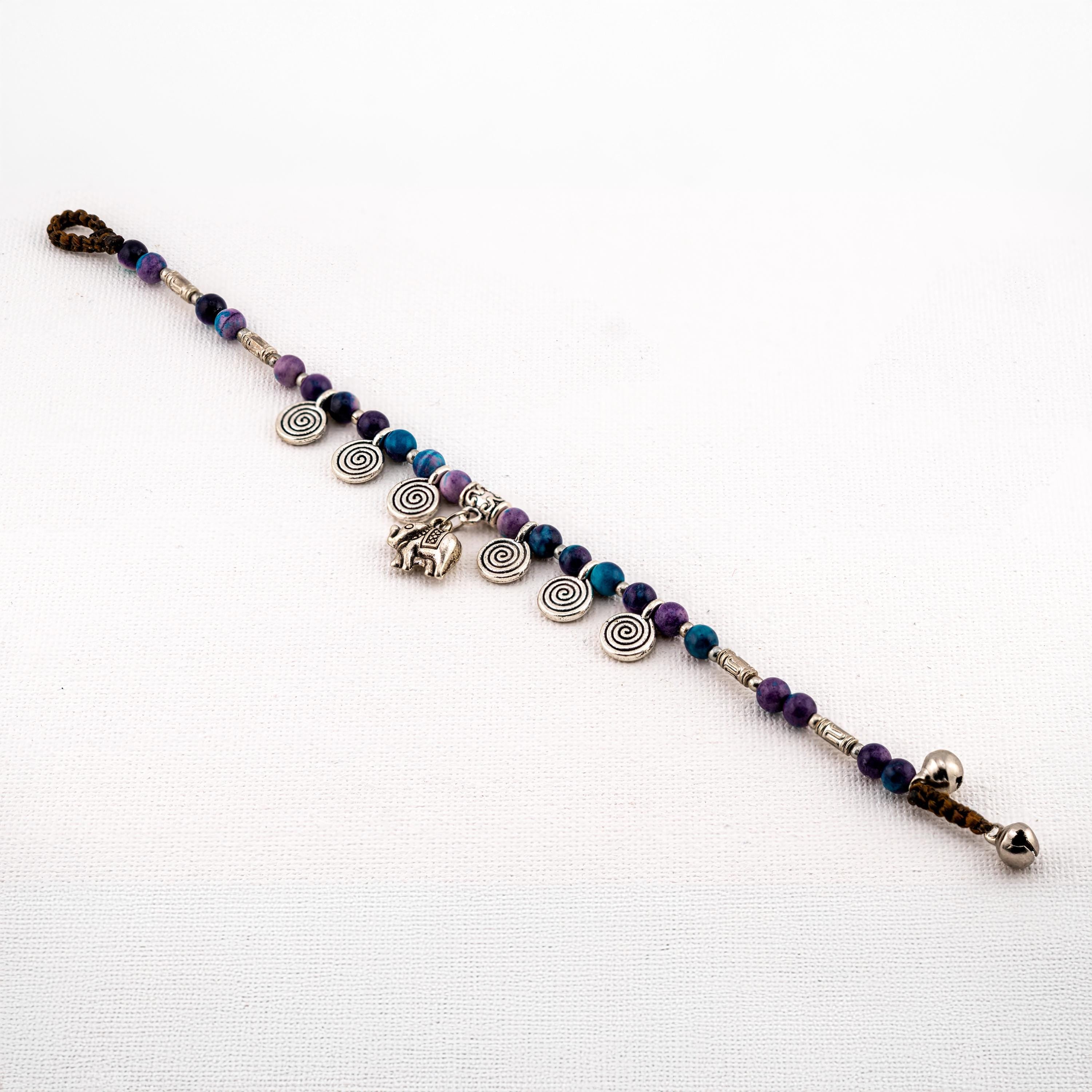 Purple Teal Stone Elephant Bracelet for Women, Thai Handmade, Monk Blessed | Artisan Spirit