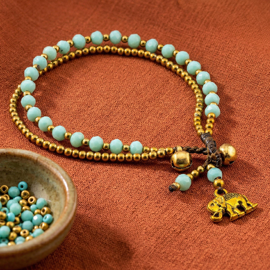 Mint Green Elephant Bracelet for Women, Thai Glass Beads, Monk Blessed | Artisan Whisper