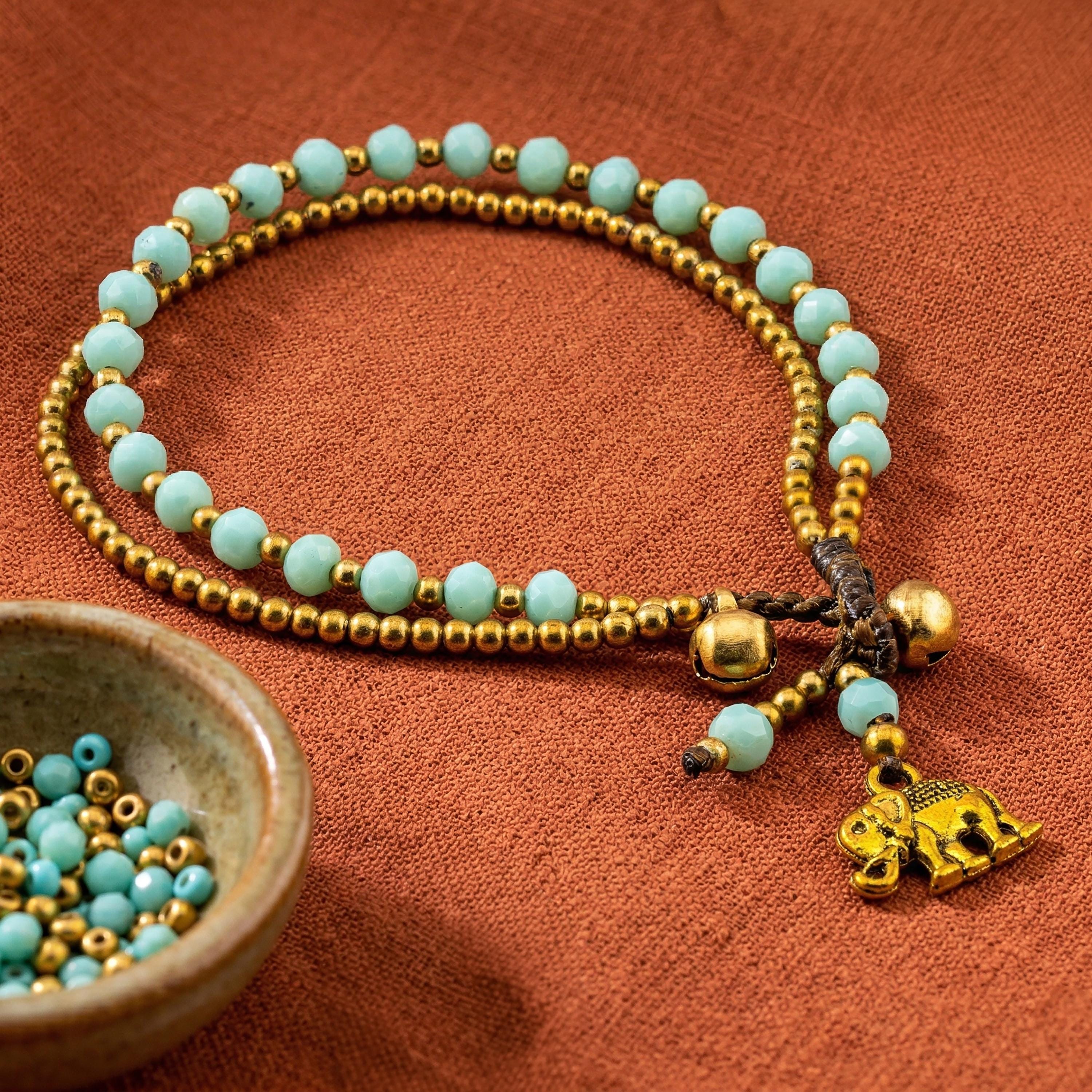 Mint Green Elephant Bracelet for Women, Thai Glass Beads, Monk Blessed | Artisan Whisper