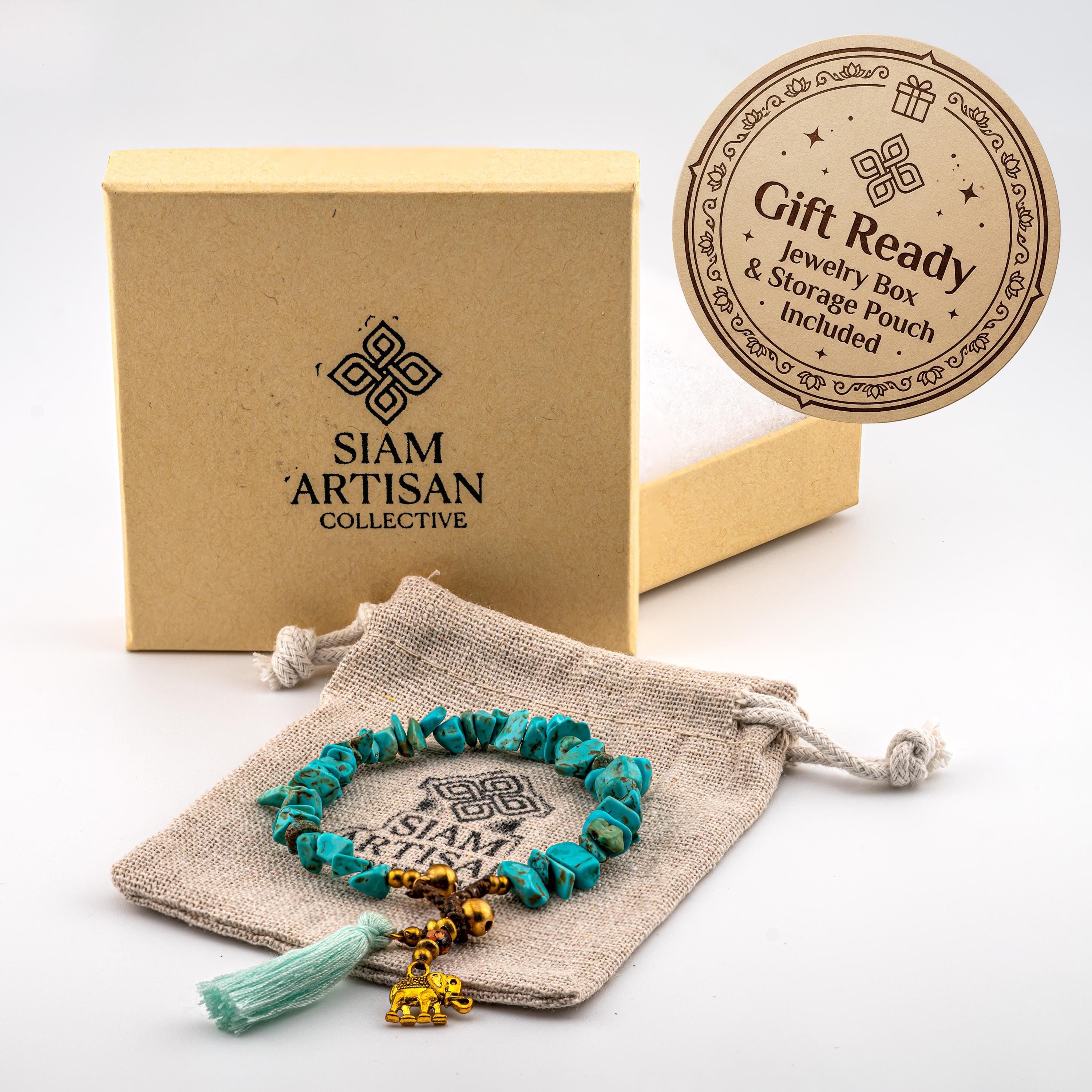 Turquoise-Tone Stone Elephant Bracelet for Women, Thai Handmade, Monk Blessed | Artisan Stone