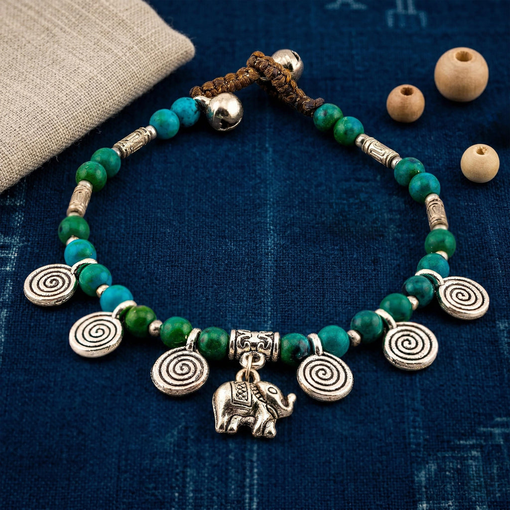 Handmade Thai Boho Bracelet with Green Stone and Silver Elephant Charm