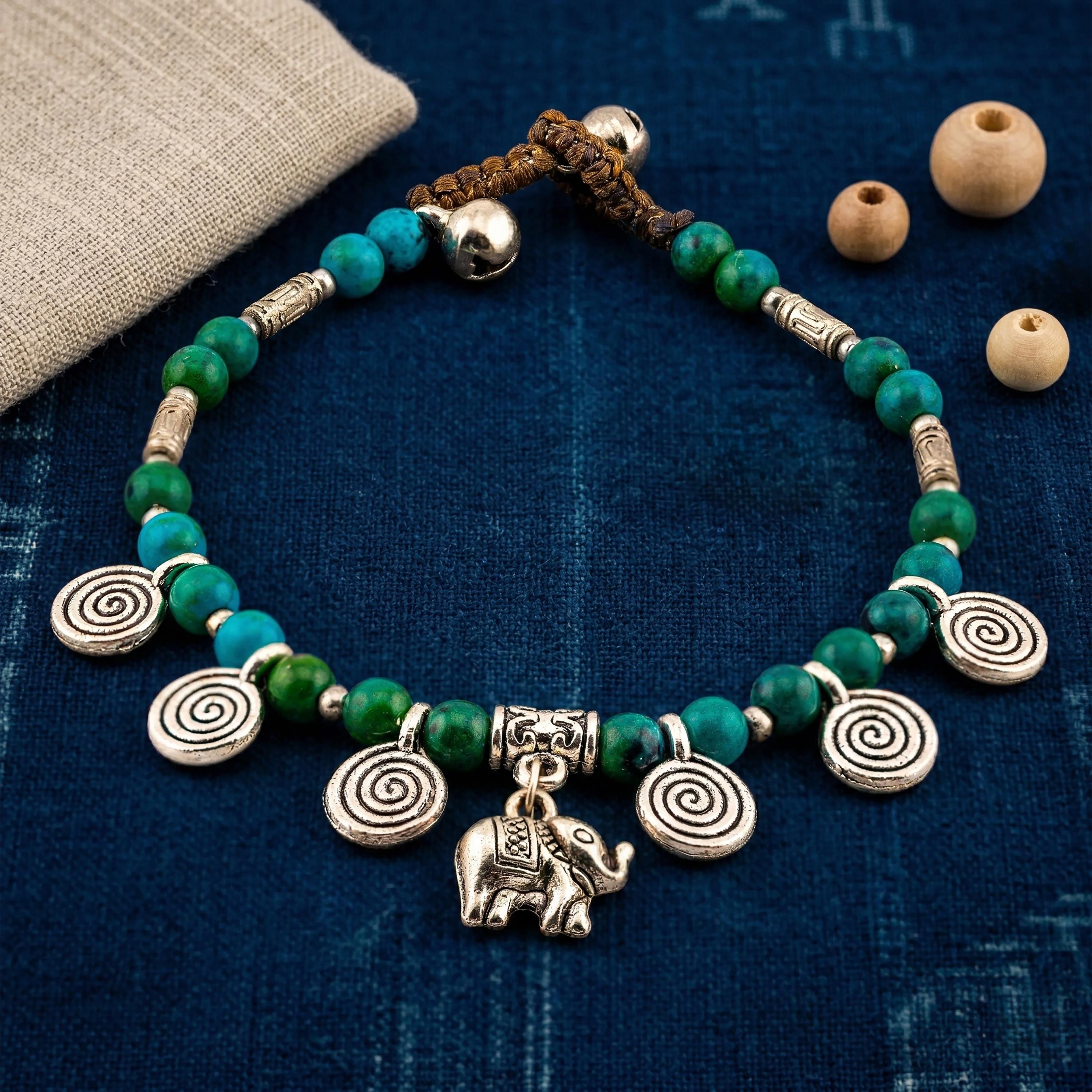 Handmade Thai Boho Bracelet with Green Stone and Silver Elephant Charm