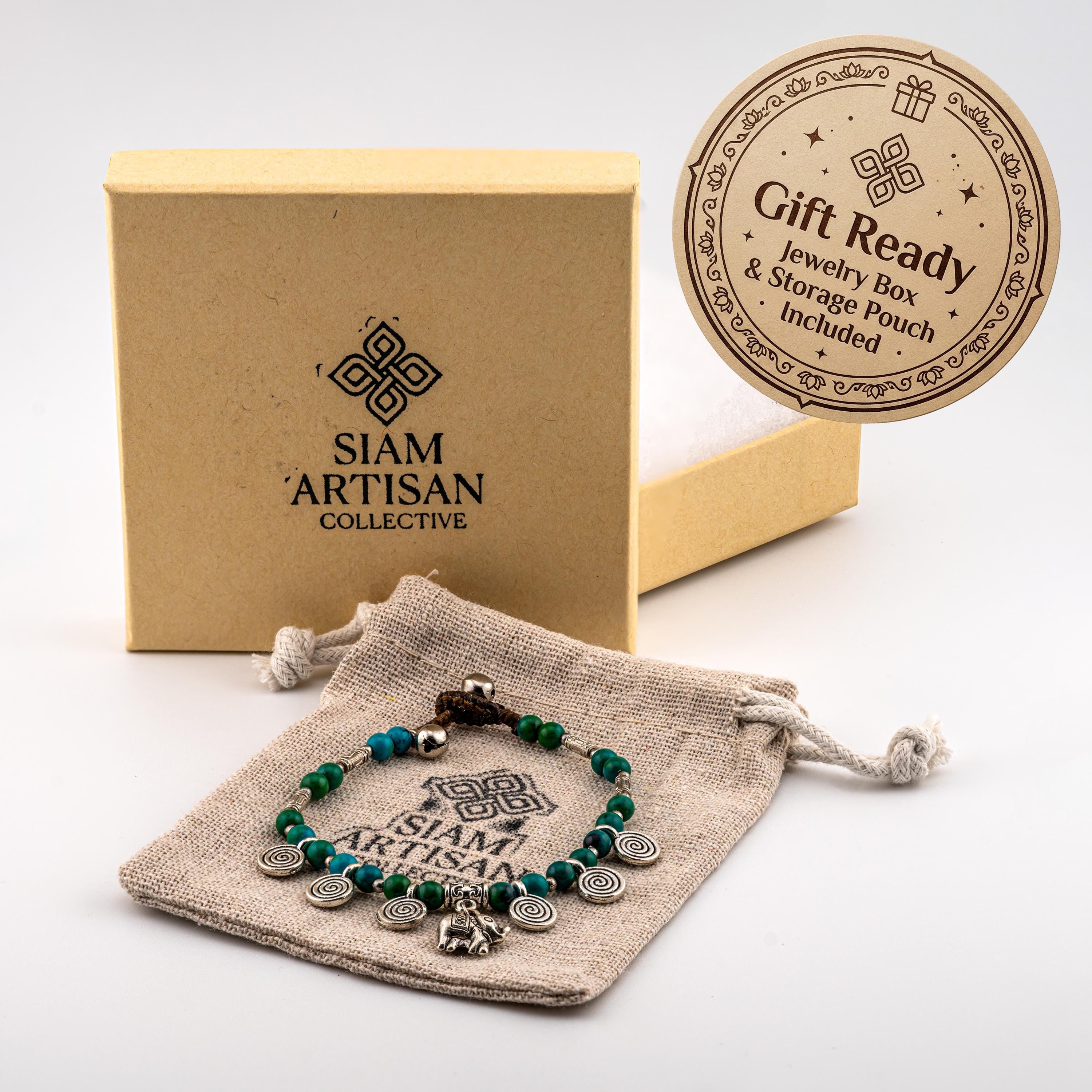Handmade Thai Boho Bracelet with Green Stone and Silver Elephant Charm