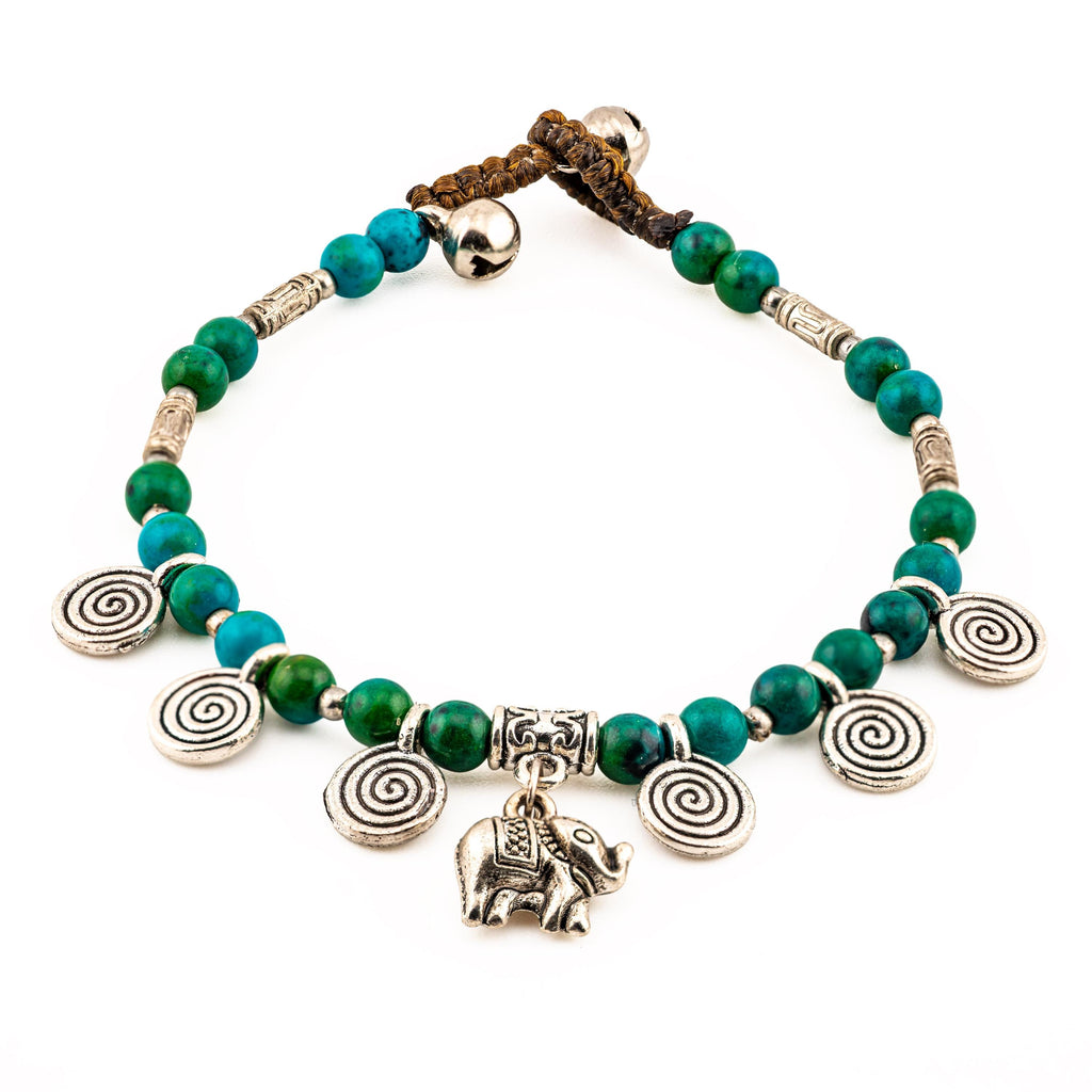 Handmade Thai Boho Bracelet with Green Stone and Silver Elephant Charm