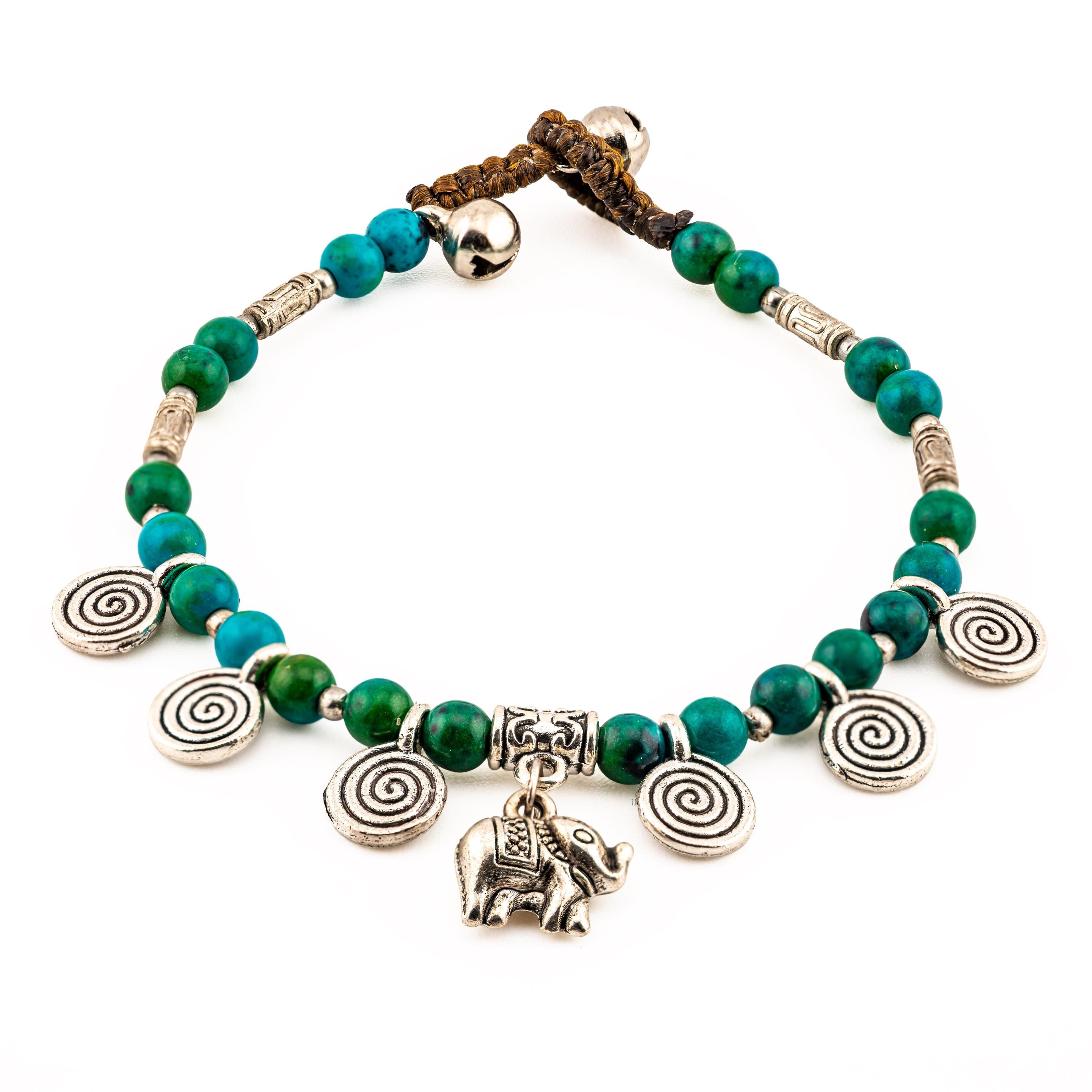 Handmade Thai Boho Bracelet with Green Stone and Silver Elephant Charm