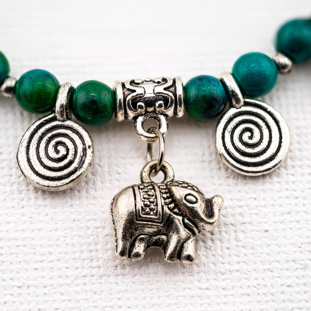 Handmade Thai Boho Bracelet with Green Stone and Silver Elephant Charm