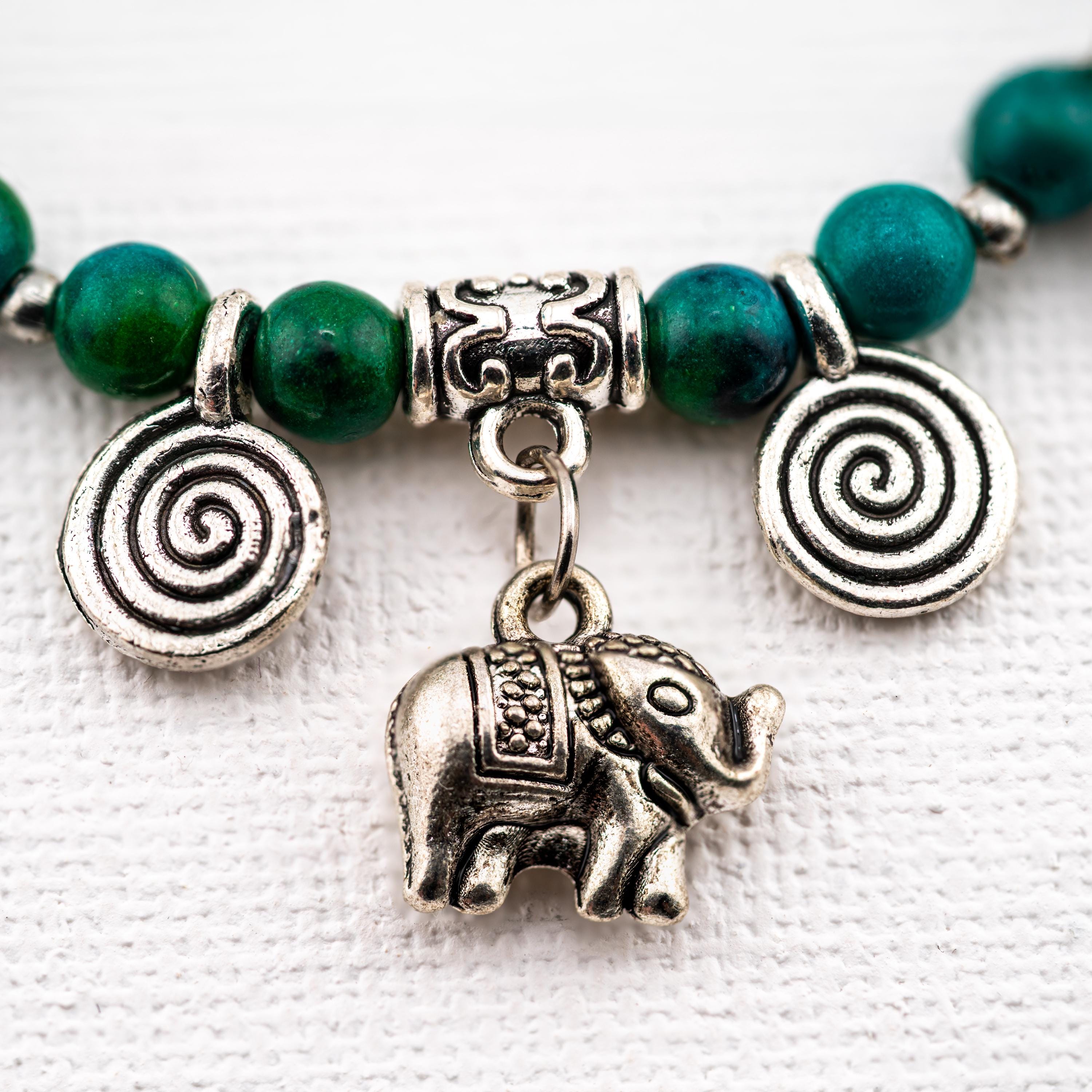 Handmade Thai Boho Bracelet with Green Stone and Silver Elephant Charm
