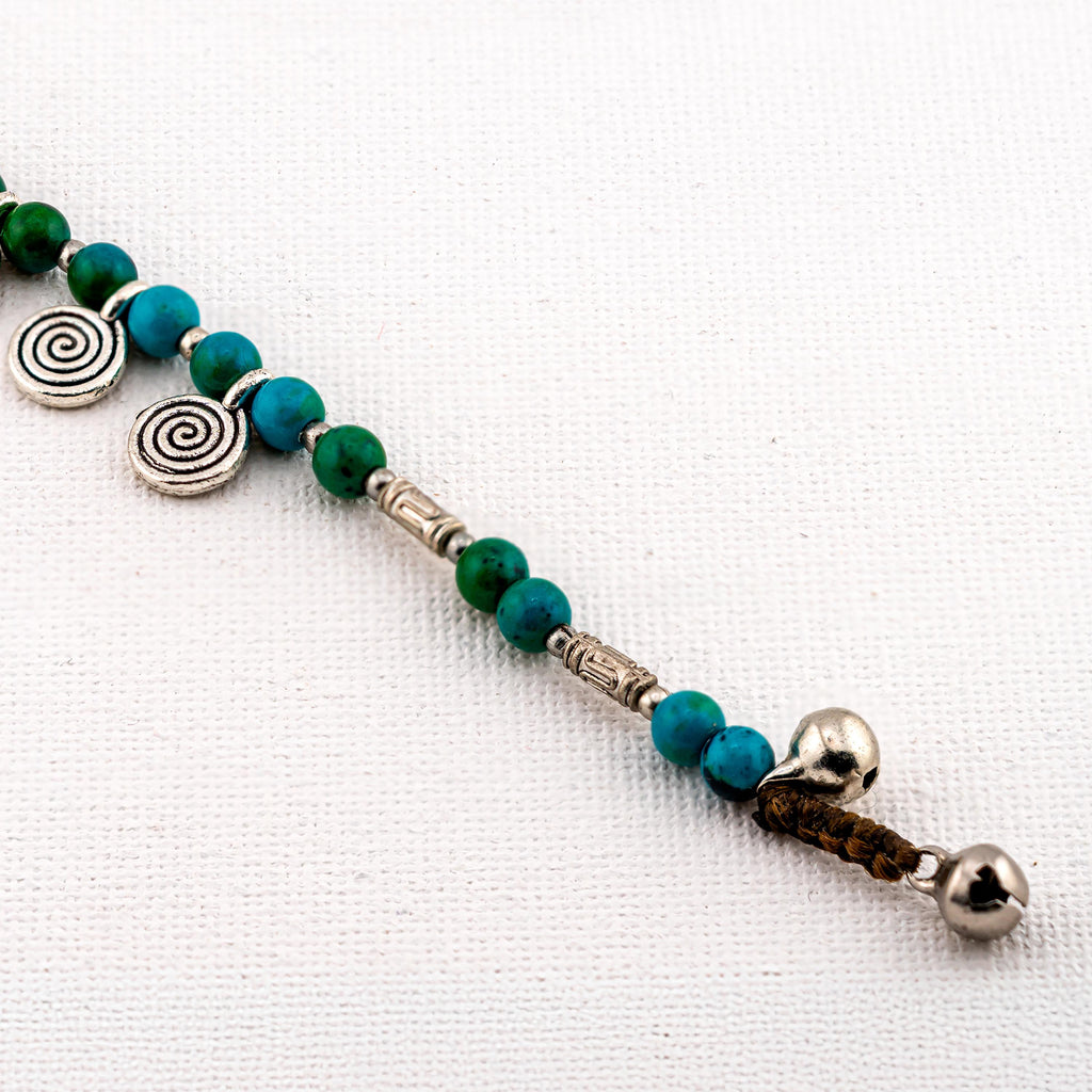Handmade Thai Boho Bracelet with Green Stone and Silver Elephant Charm