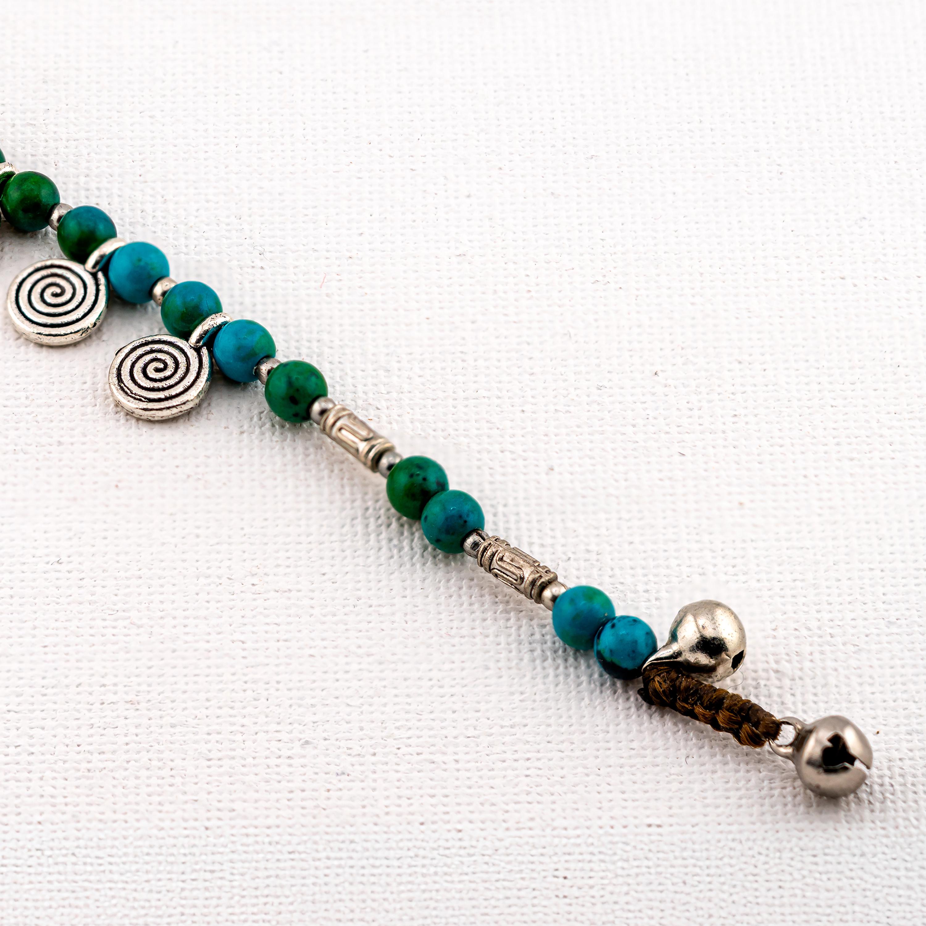Handmade Thai Boho Bracelet with Green Stone and Silver Elephant Charm
