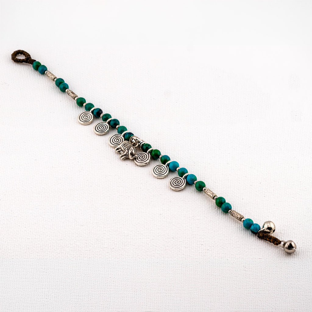 Handmade Thai Boho Bracelet with Green Stone and Silver Elephant Charm