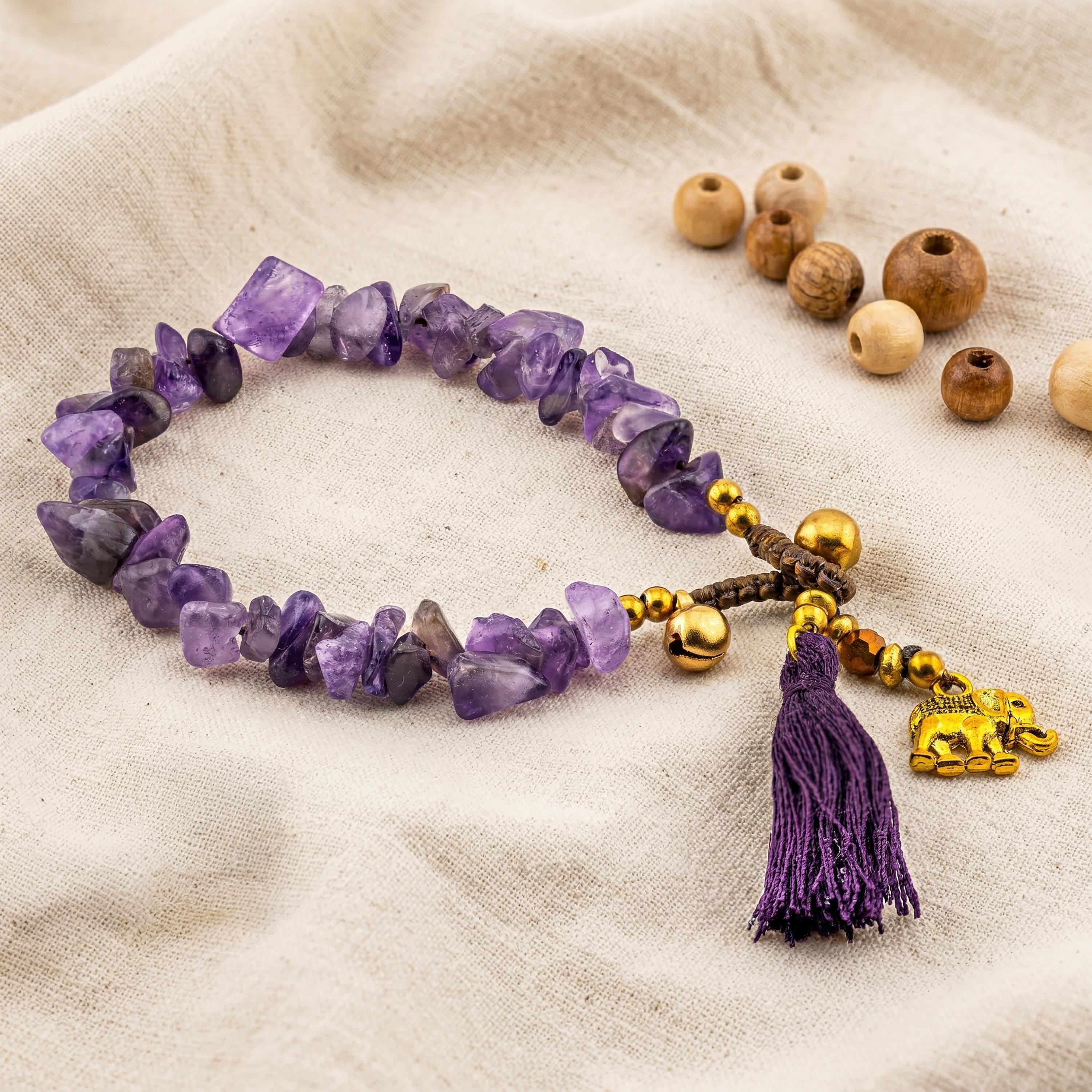 Purple Stone Elephant Bracelet for Women, Adjustable Thai Jewelry, Monk Blessed | Artisan Stone