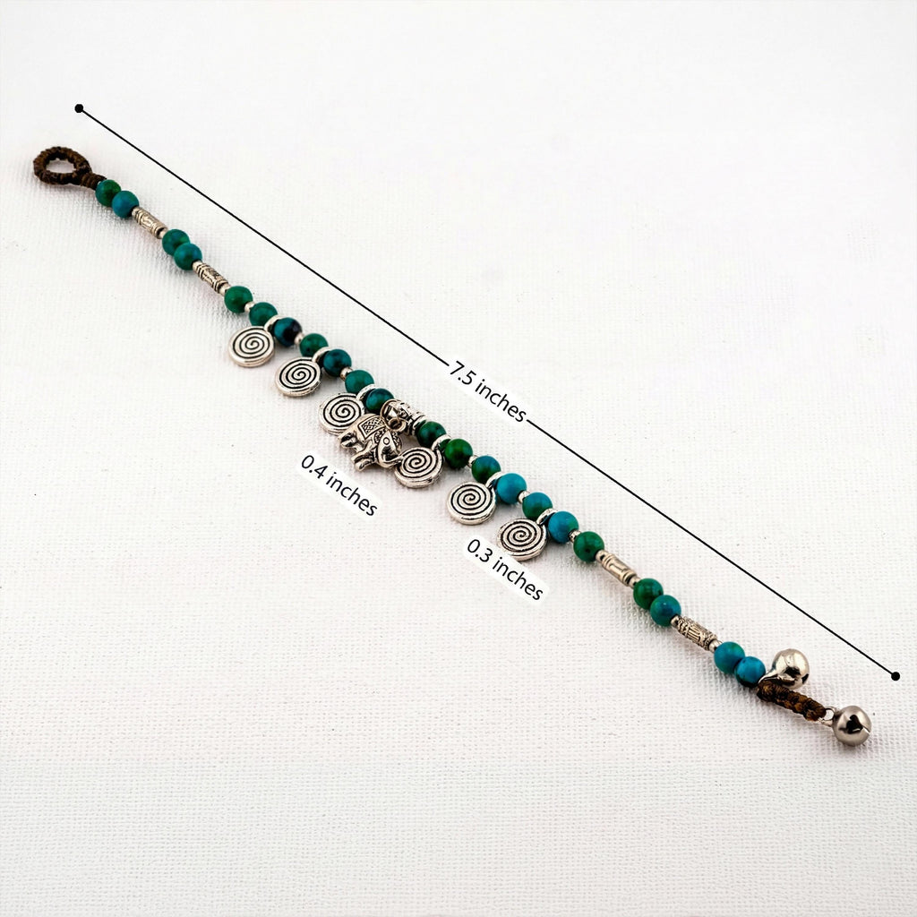 Handmade Thai Boho Bracelet with Green Stone and Silver Elephant Charm