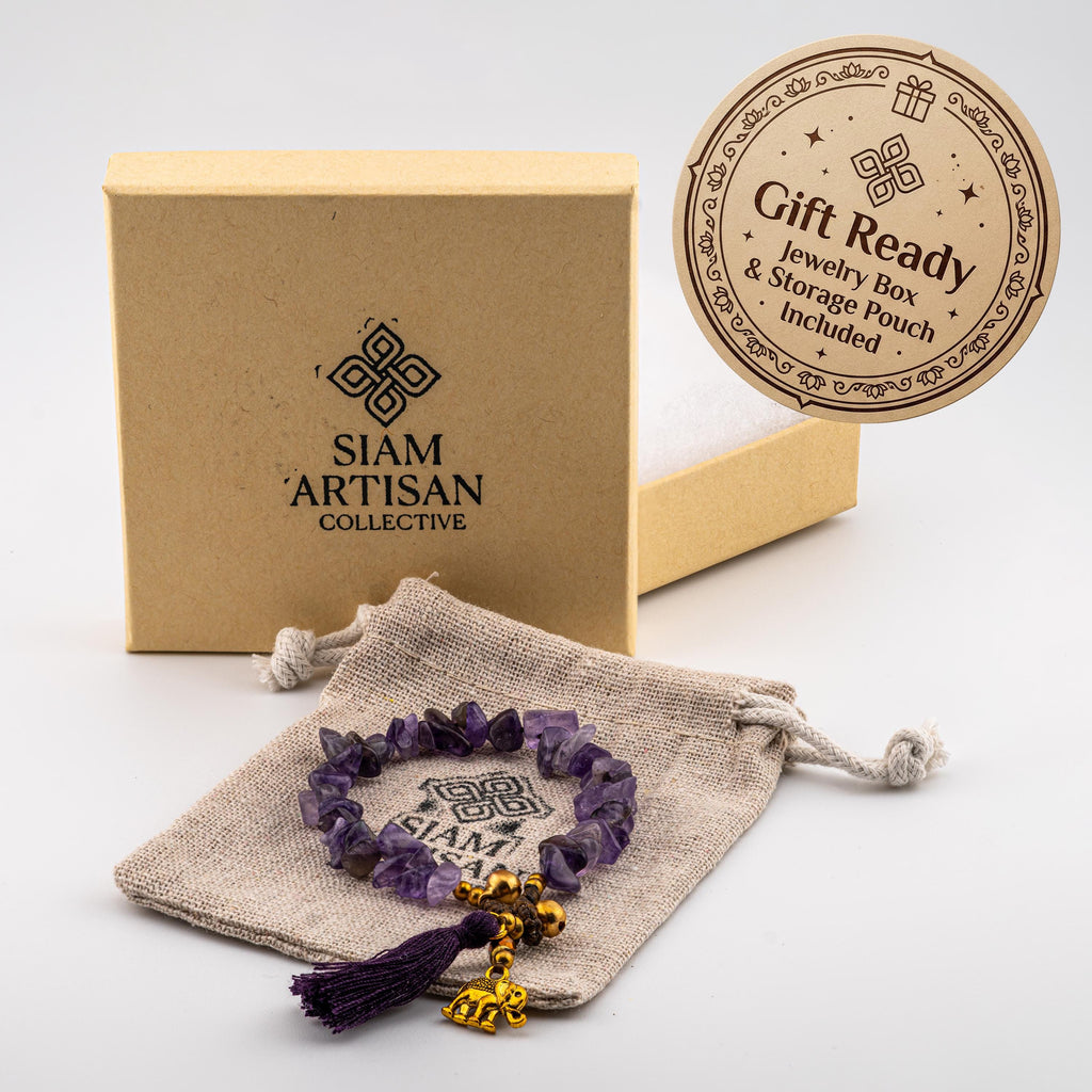 Purple Stone Elephant Bracelet for Women, Adjustable Thai Jewelry, Monk Blessed | Artisan Stone