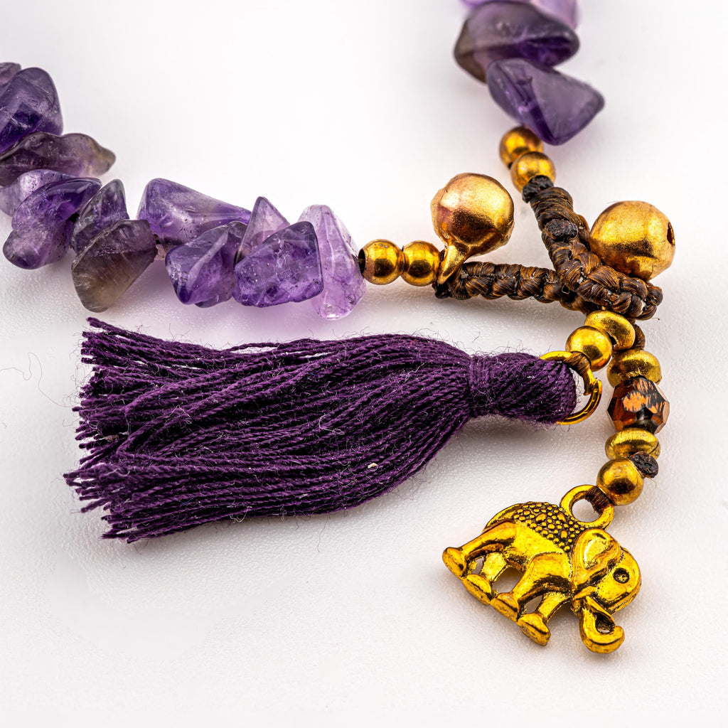 Purple Stone Elephant Bracelet for Women, Adjustable Thai Jewelry, Monk Blessed | Artisan Stone