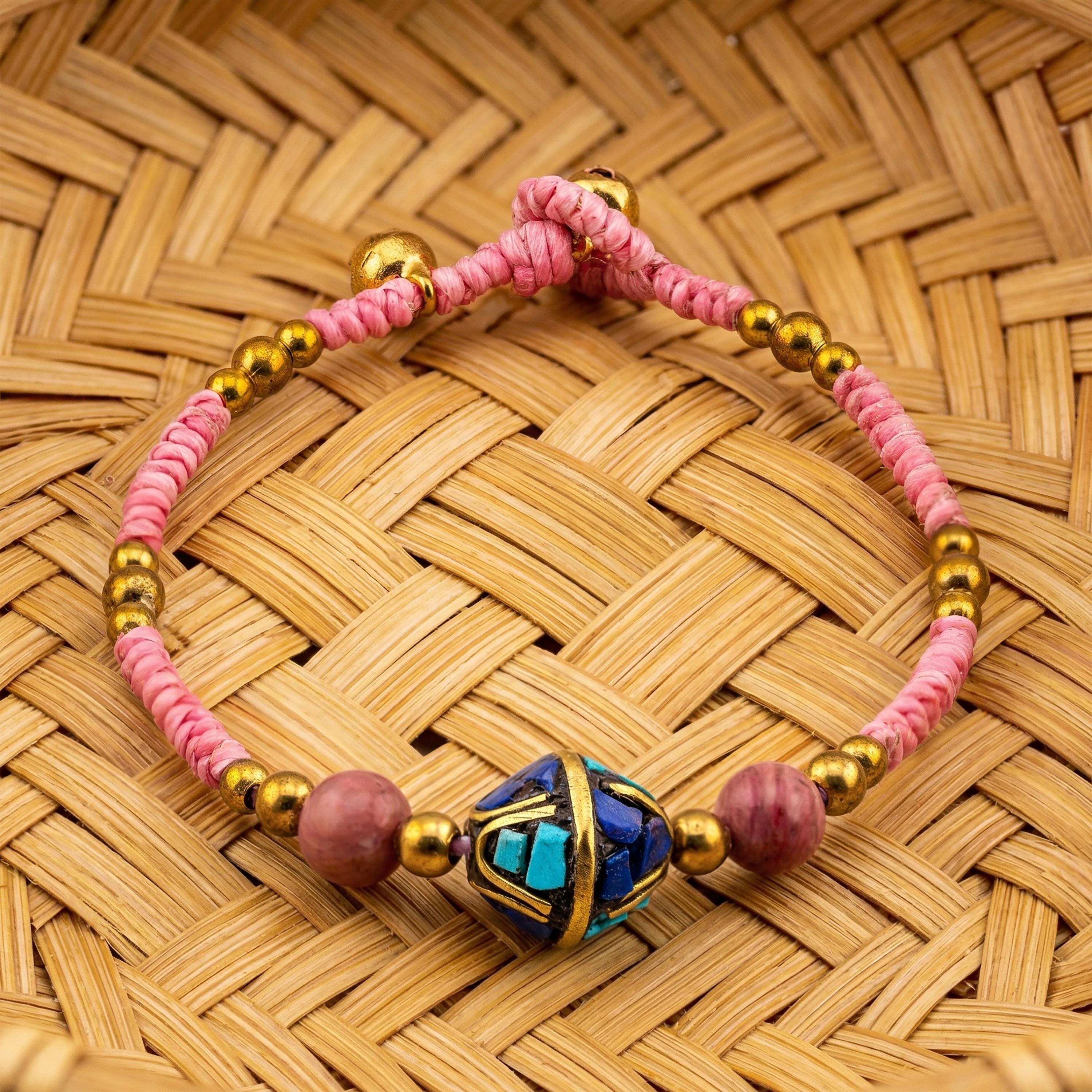 Pink Stone Inlay Bracelet for Women, Adjustable Thai Jewelry, Monk Blessed | Artisan Bloom