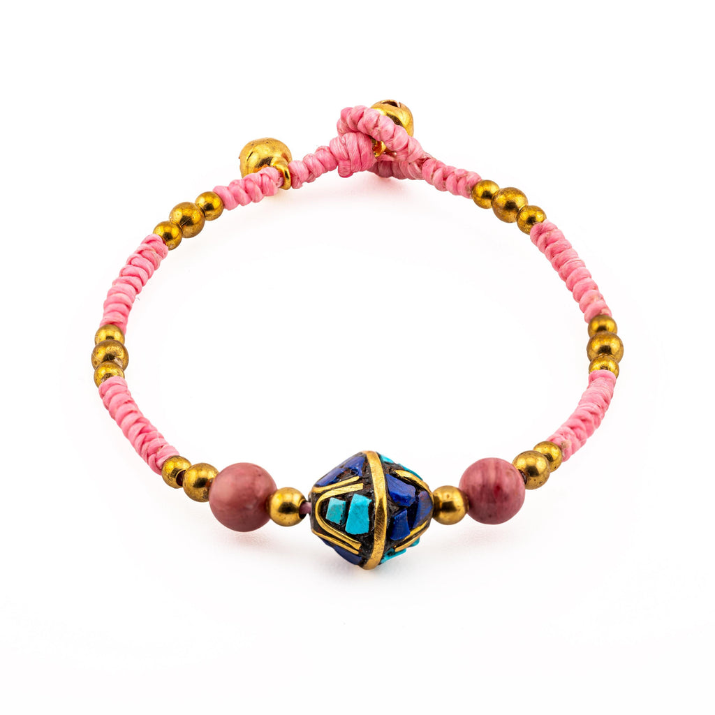 Pink Stone Inlay Bracelet for Women, Adjustable Thai Jewelry, Monk Blessed | Artisan Bloom