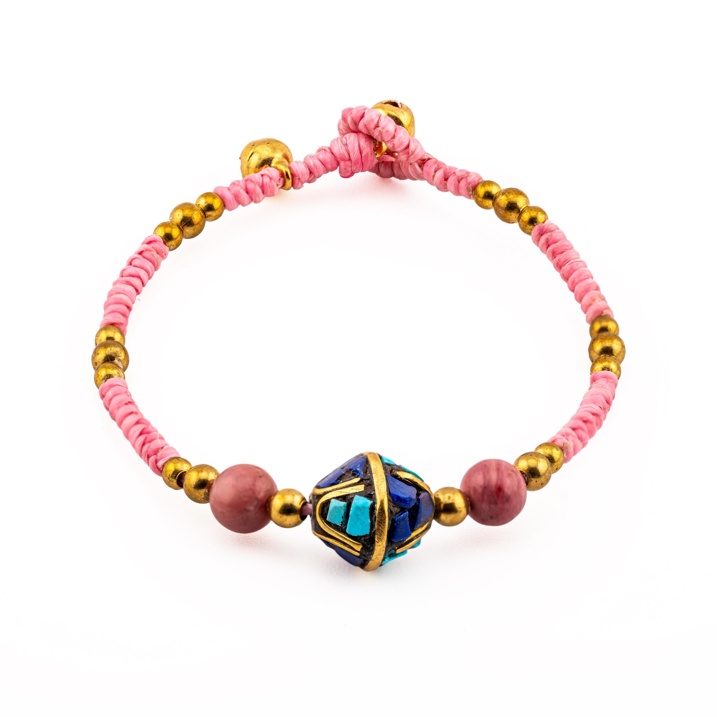 Pink Stone Inlay Bracelet for Women, Adjustable Thai Jewelry, Monk Blessed | Artisan Bloom