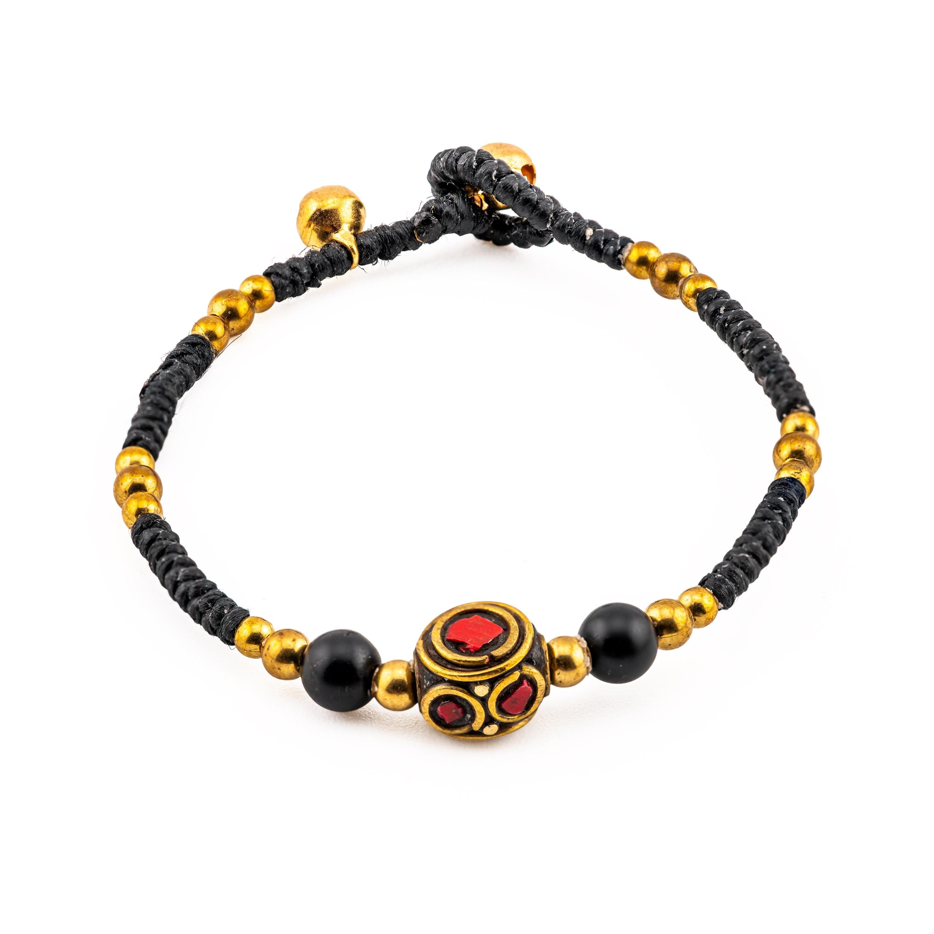 Black Stone Inlay Bracelet for Women, Adjustable Thai Jewelry, Monk Blessed | Artisan Valor